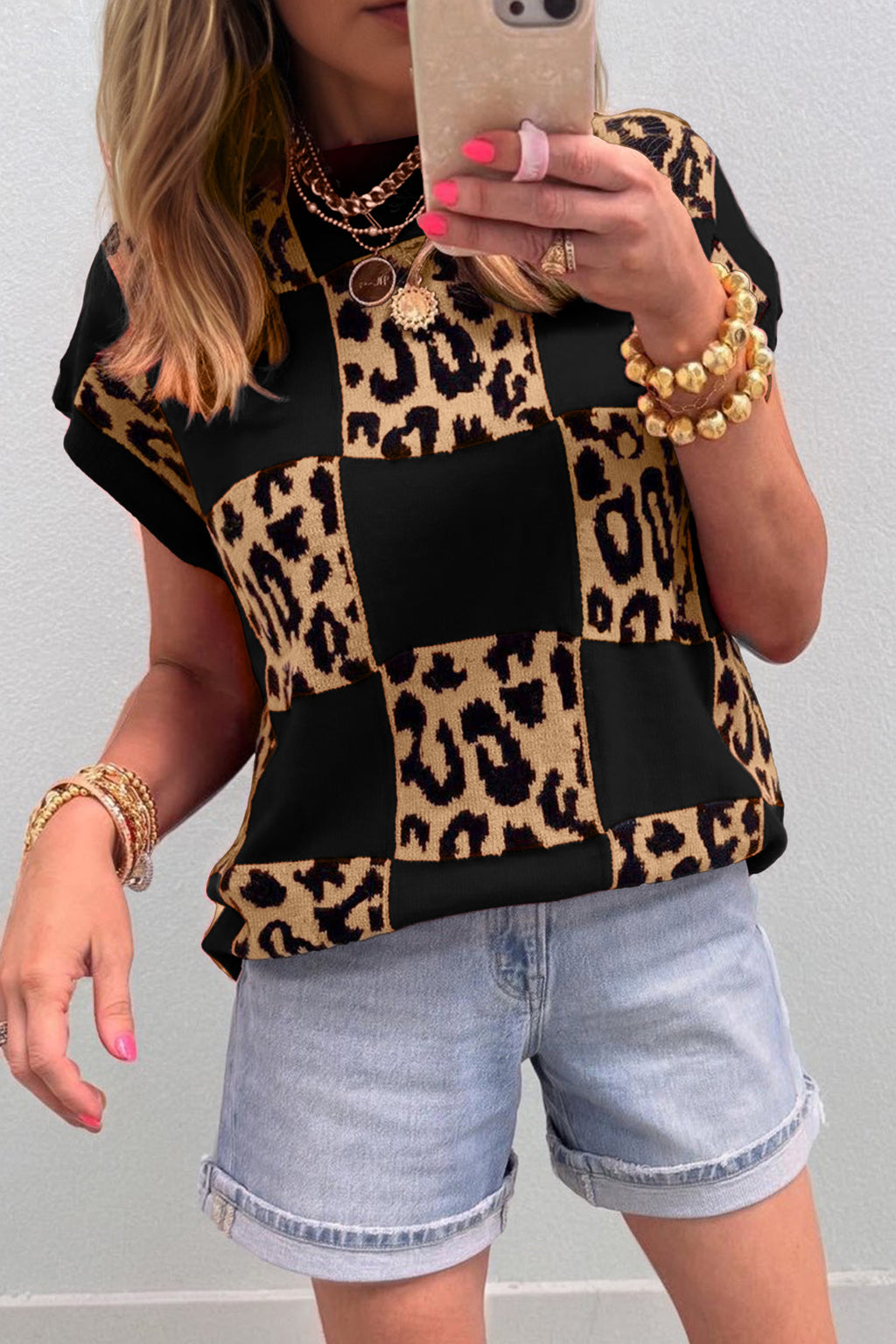 Soft Black Leopard Short Sleeve Knit Sweater