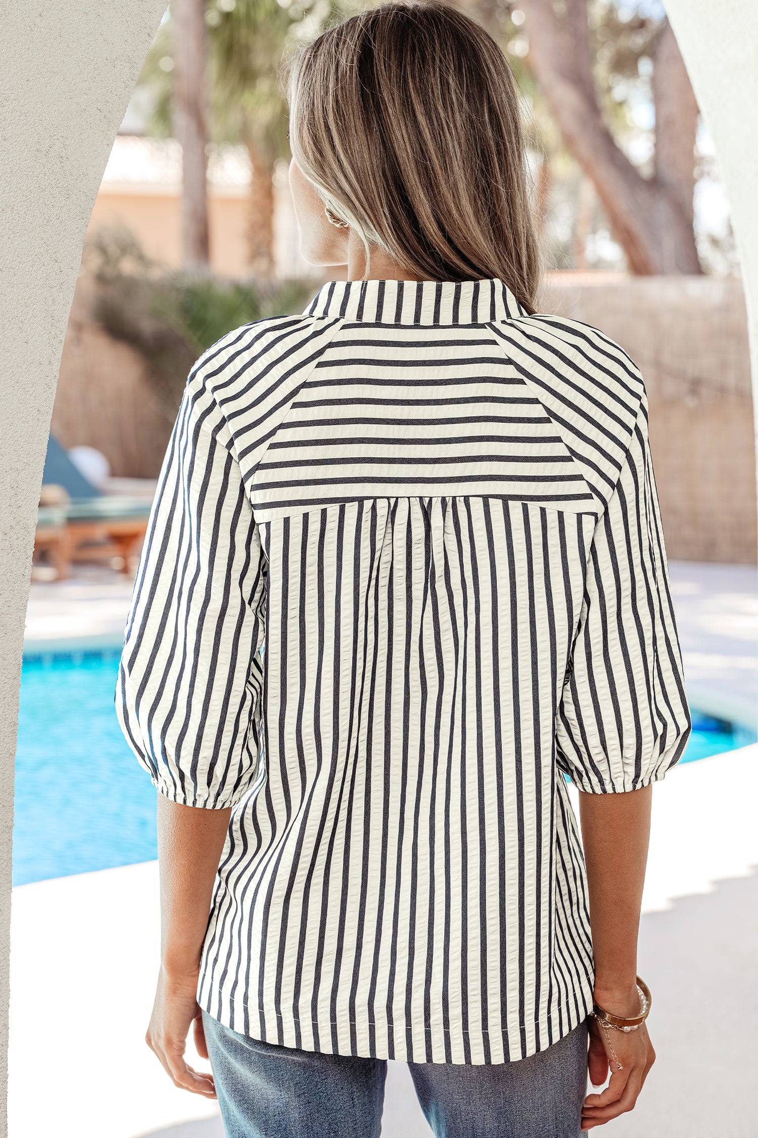 Blue Stripe Floral Short Sleeve Blouse