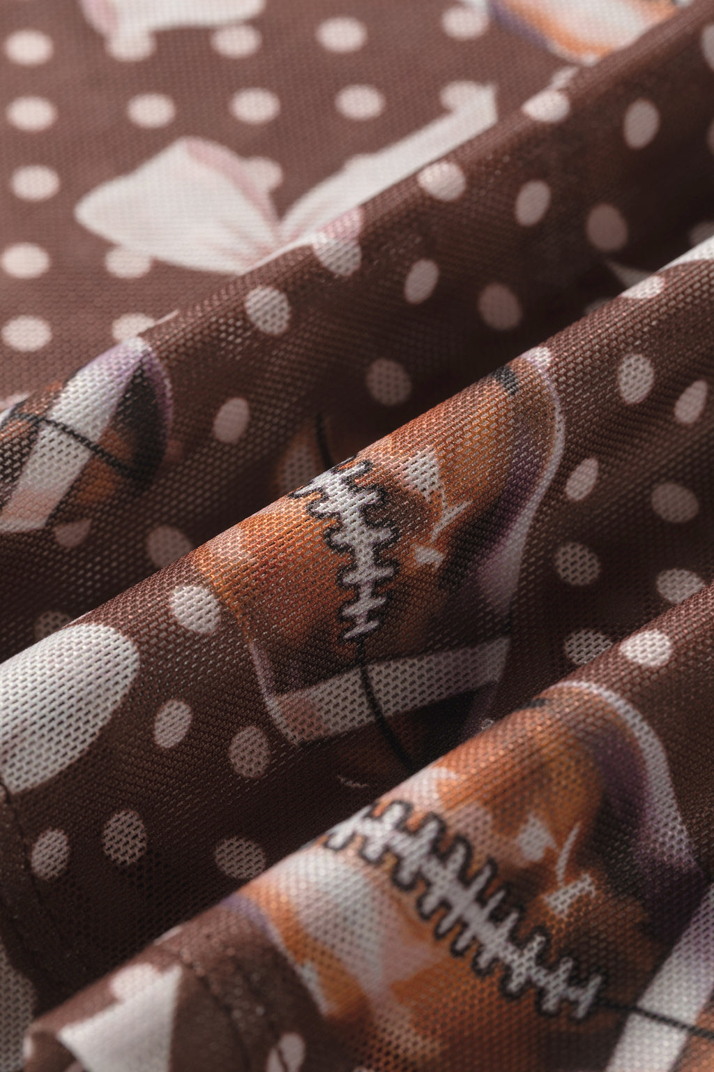 Brown Polka Dot Bow Football Print Long Sleeve Mesh Top