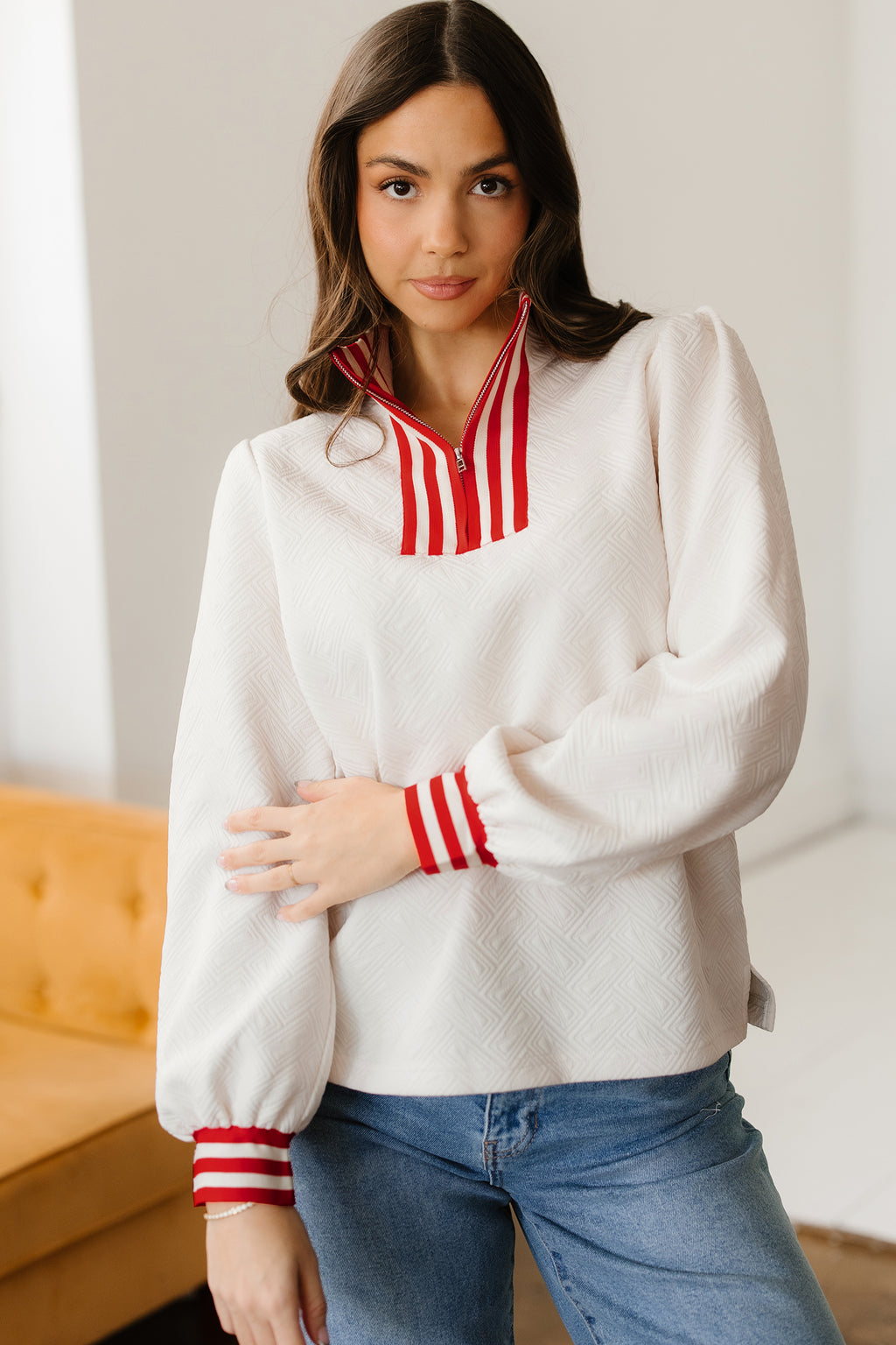White Textured Knit Contrast Striped Accent Zipped Collar Pullover Top
