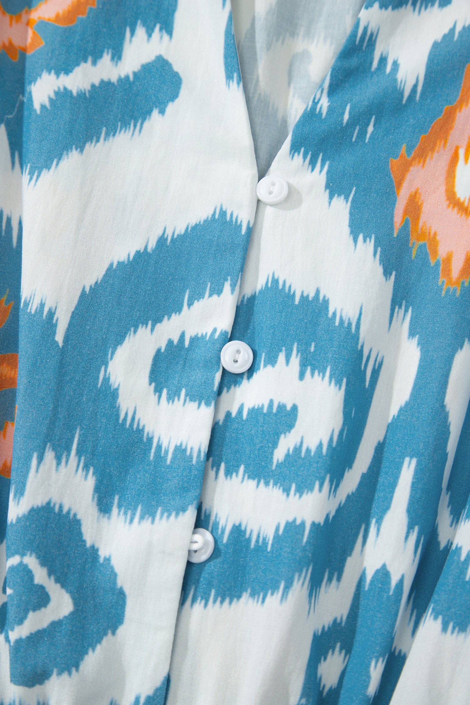 Sky Blue Boho Floral Print Short Puff Sleeve Button Down Ruffle Hem Midi Dress