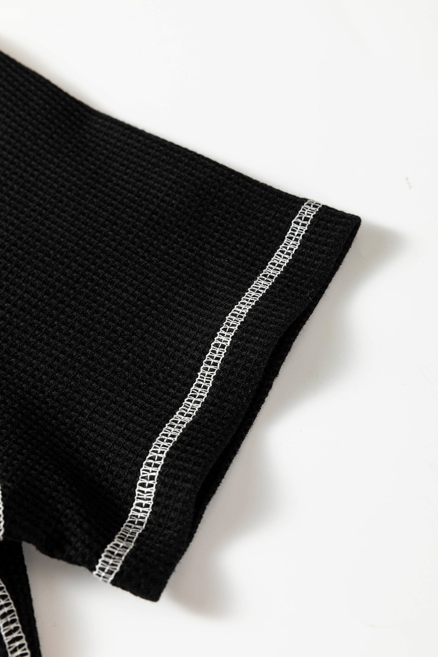 Black Waffle Textured Contrast Trim V Neck Tee