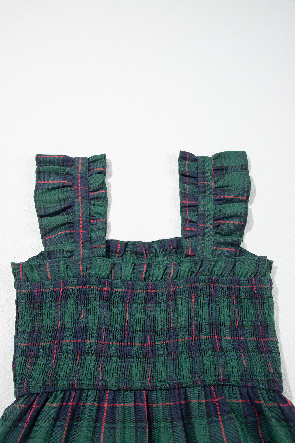 Green Plaid Ruffle Sleeveless Shirred Bodice Tiered Midi Dress