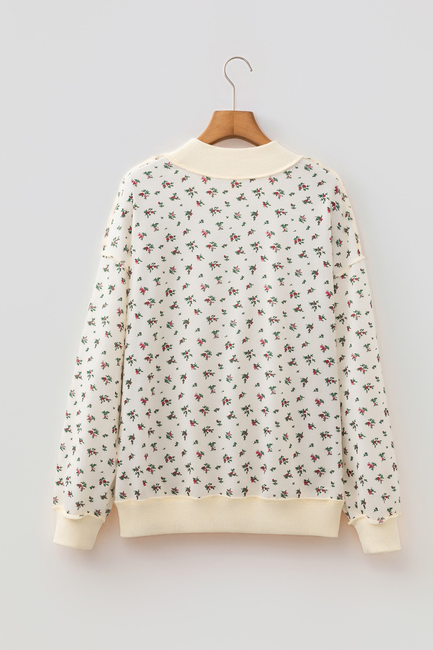 Beige Ribbed High Neck Patchwork Floral Print Baggy Pullover Sweatshirt