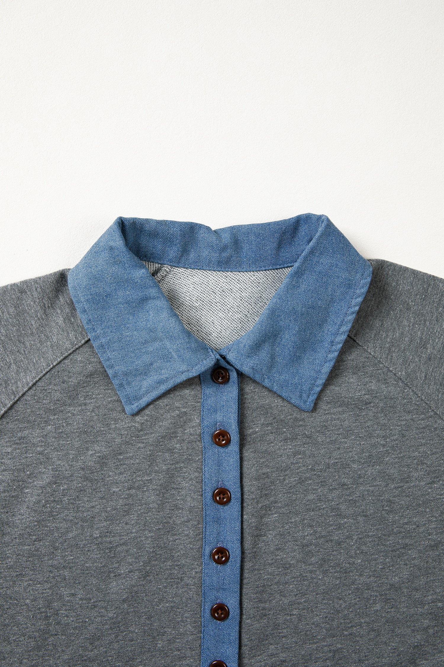 Carbon Grey Denim Color Block Patchwork Shirt Collar Short Sleeve Blouse