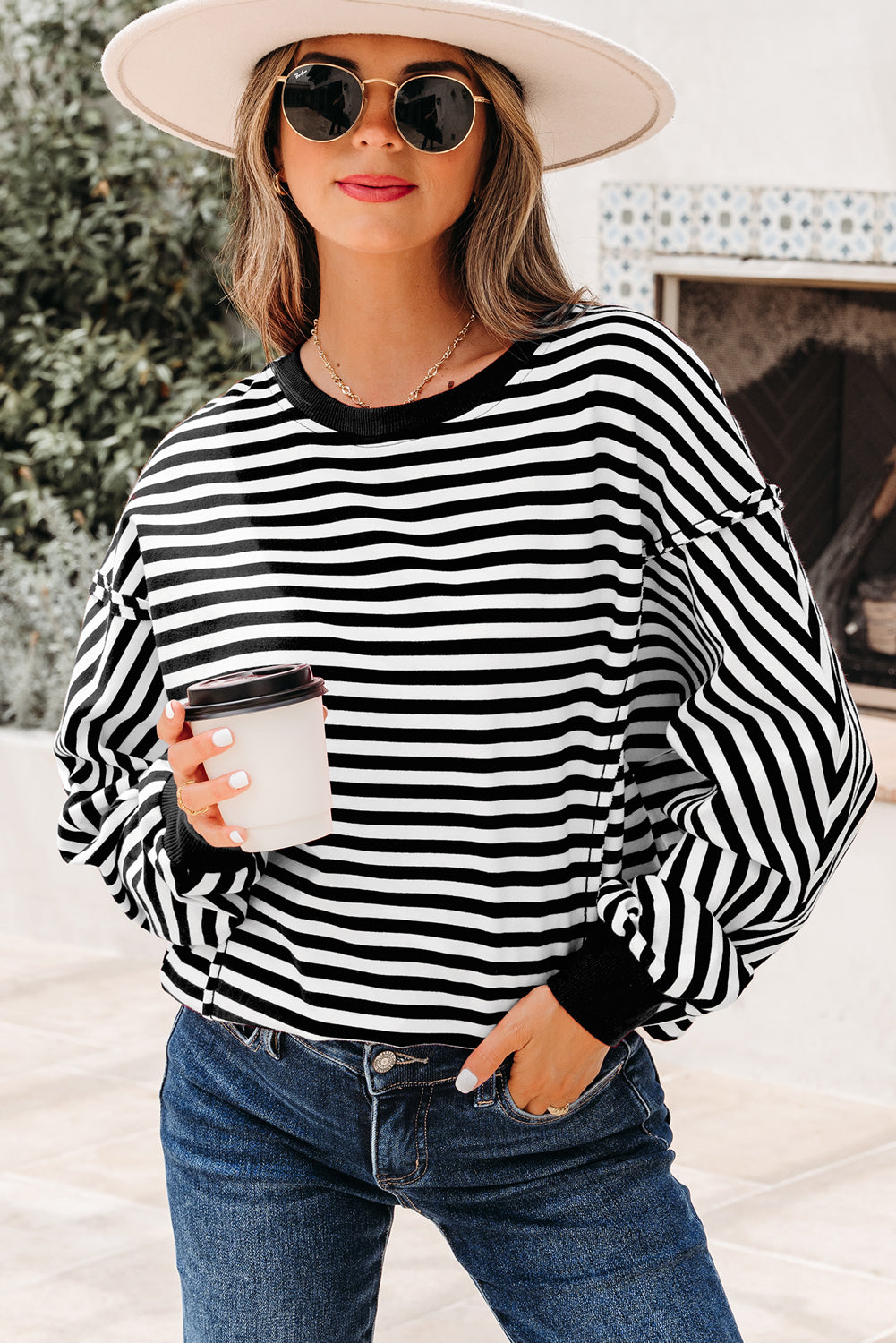 Orange Stripe Exposed Seam Drop Shoulder Casual Pullover Top