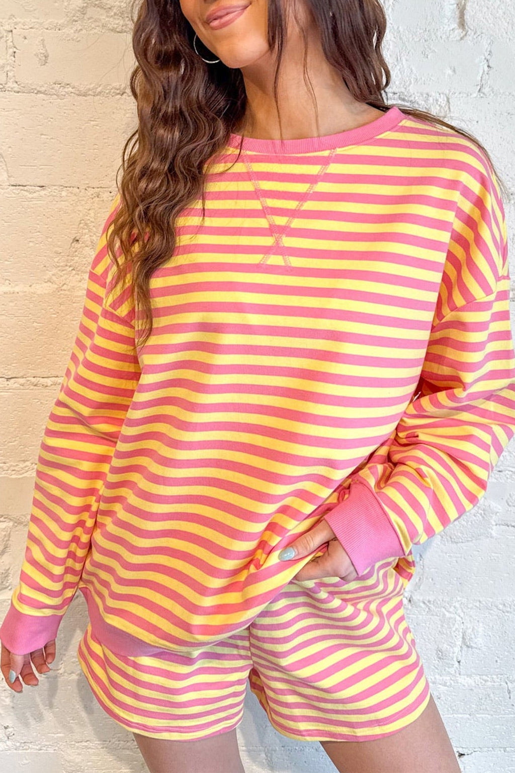 Yellow Stripe Color Block Trim Round Neck Long Sleeve Top Casual Shorts 2pcs Set
