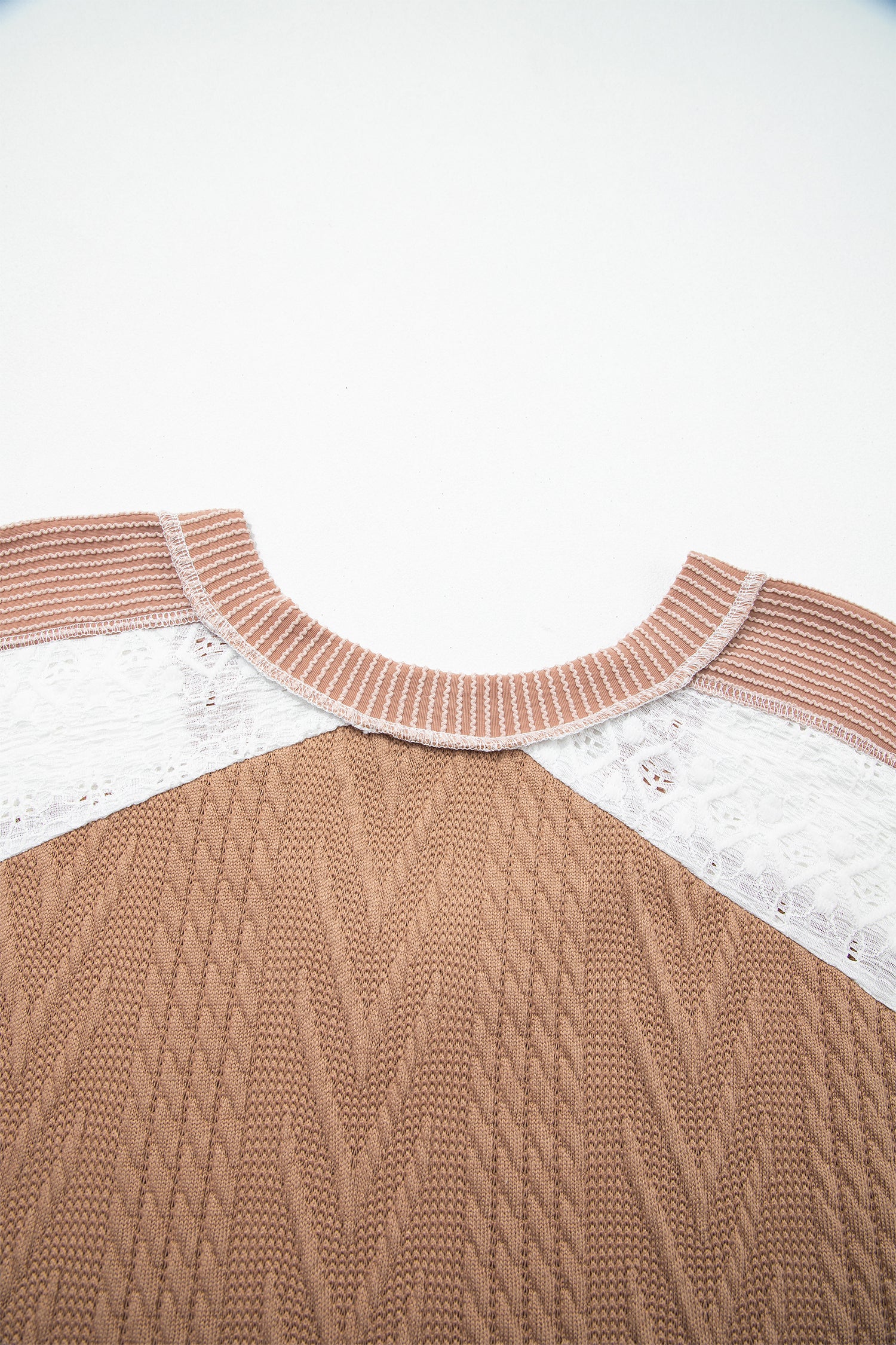Coffee V Neck Lace Sleeve Patchwork Plus Size Blouse
