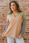 Buckskin Color Block Thermal Textured Knit Drop Shoulder Henley Top