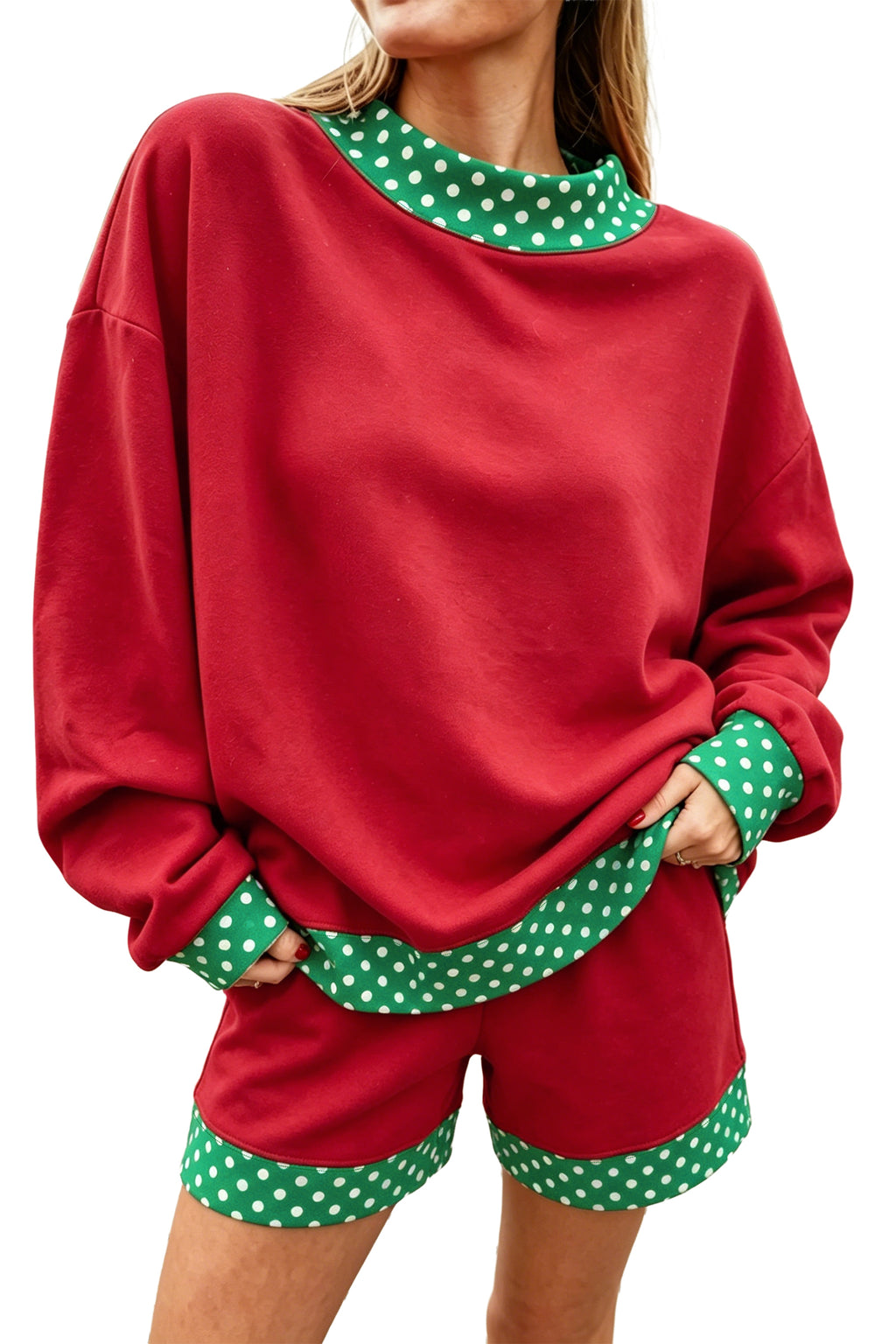 Fiery Red Gingham Trim Baggy Pullover 2pcs Short Set