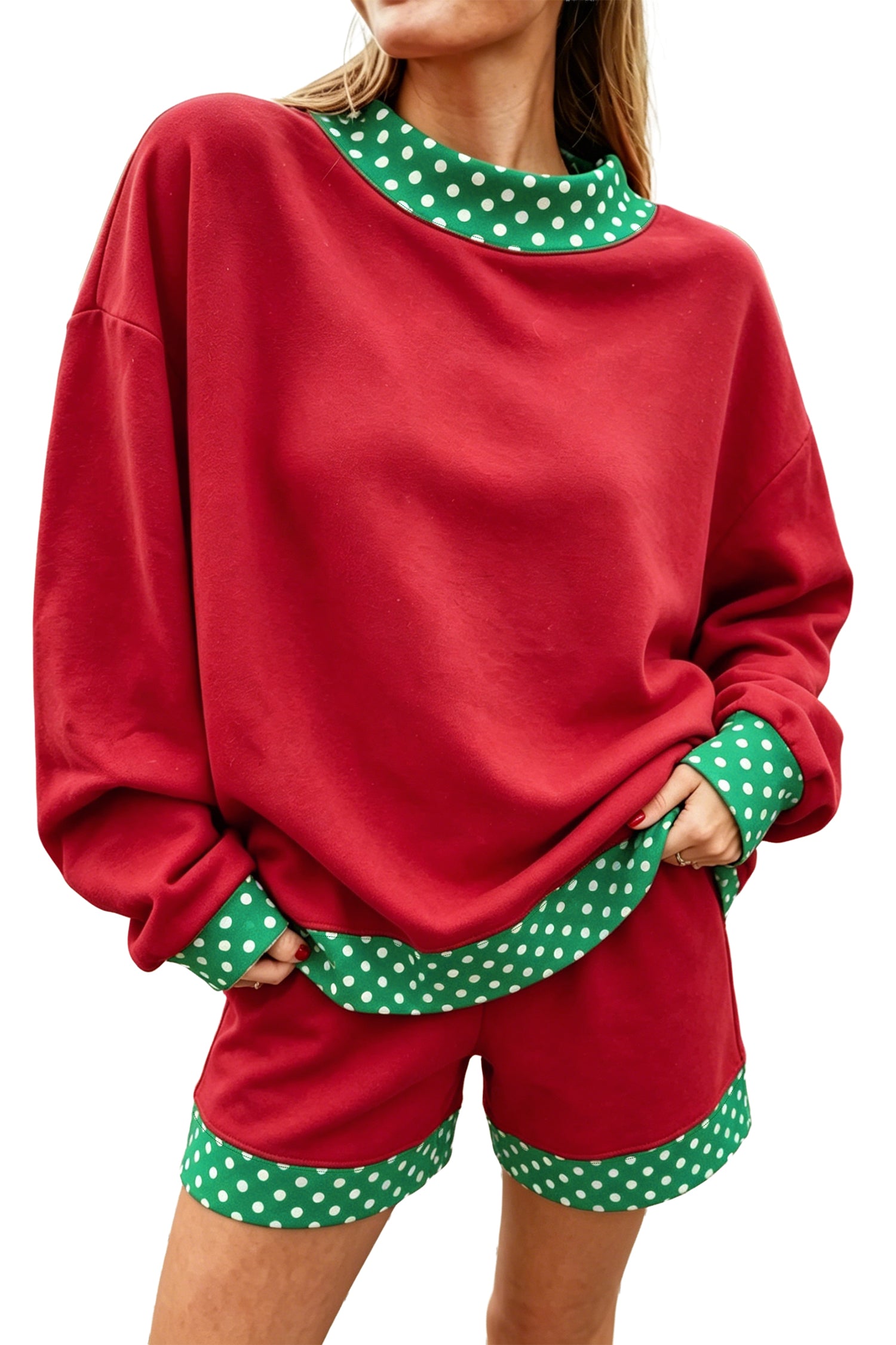 Fiery Red Gingham Trim Baggy Pullover 2pcs Short Set