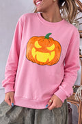 Pink Embroidered Pumpkin Face Long Sleeve Round Neck Sweatshirt