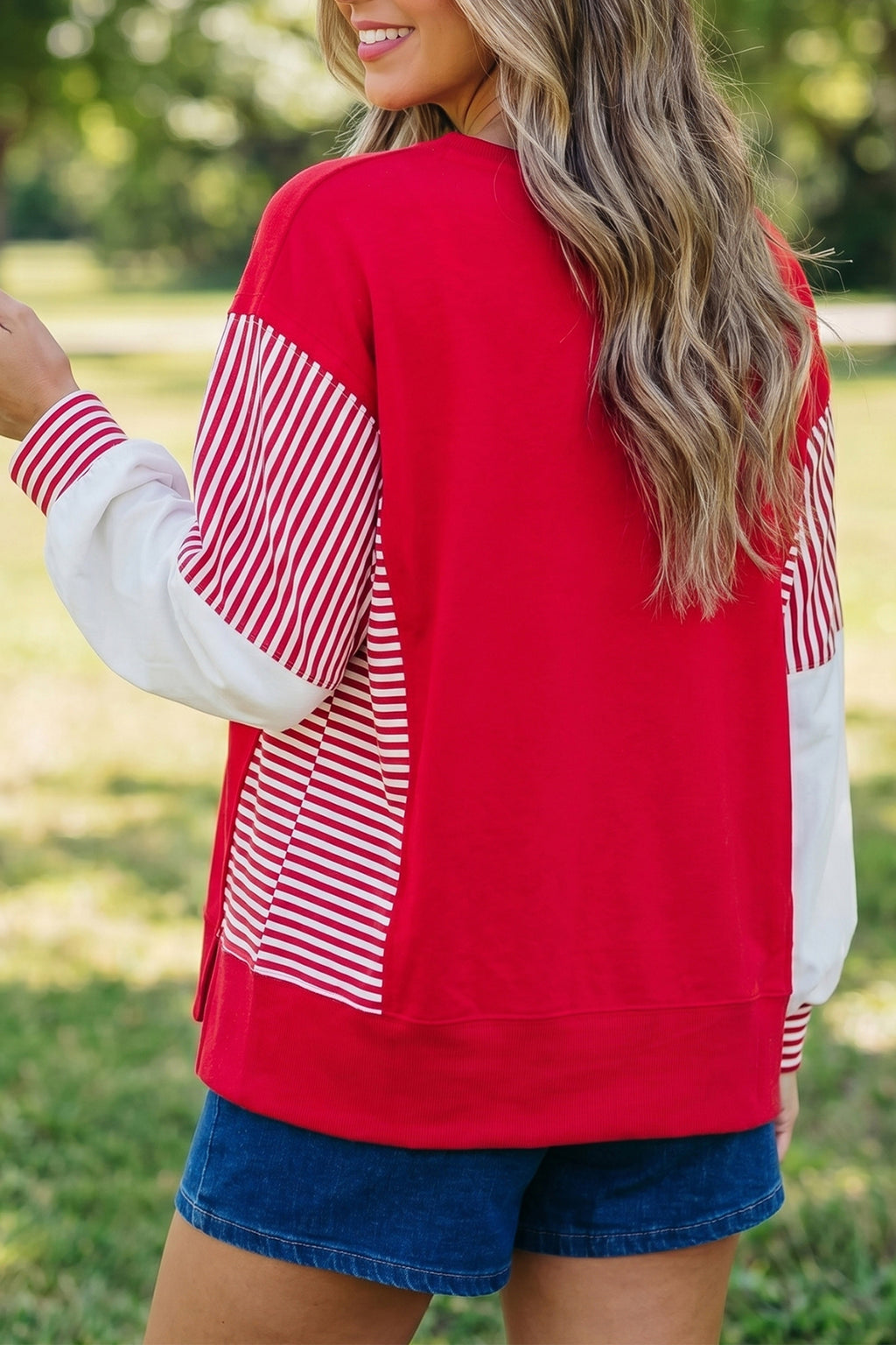Dark Blue Striped Patchwork Sleeve Colorblock Sweatshirt