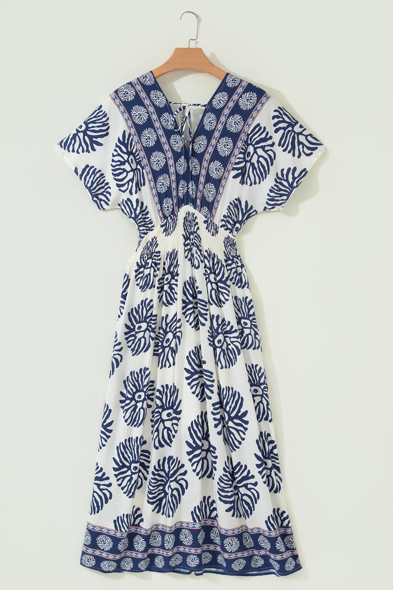 Blue Boho Floral Print Contrast Patchwork V Neck Dolman Maxi Dress
