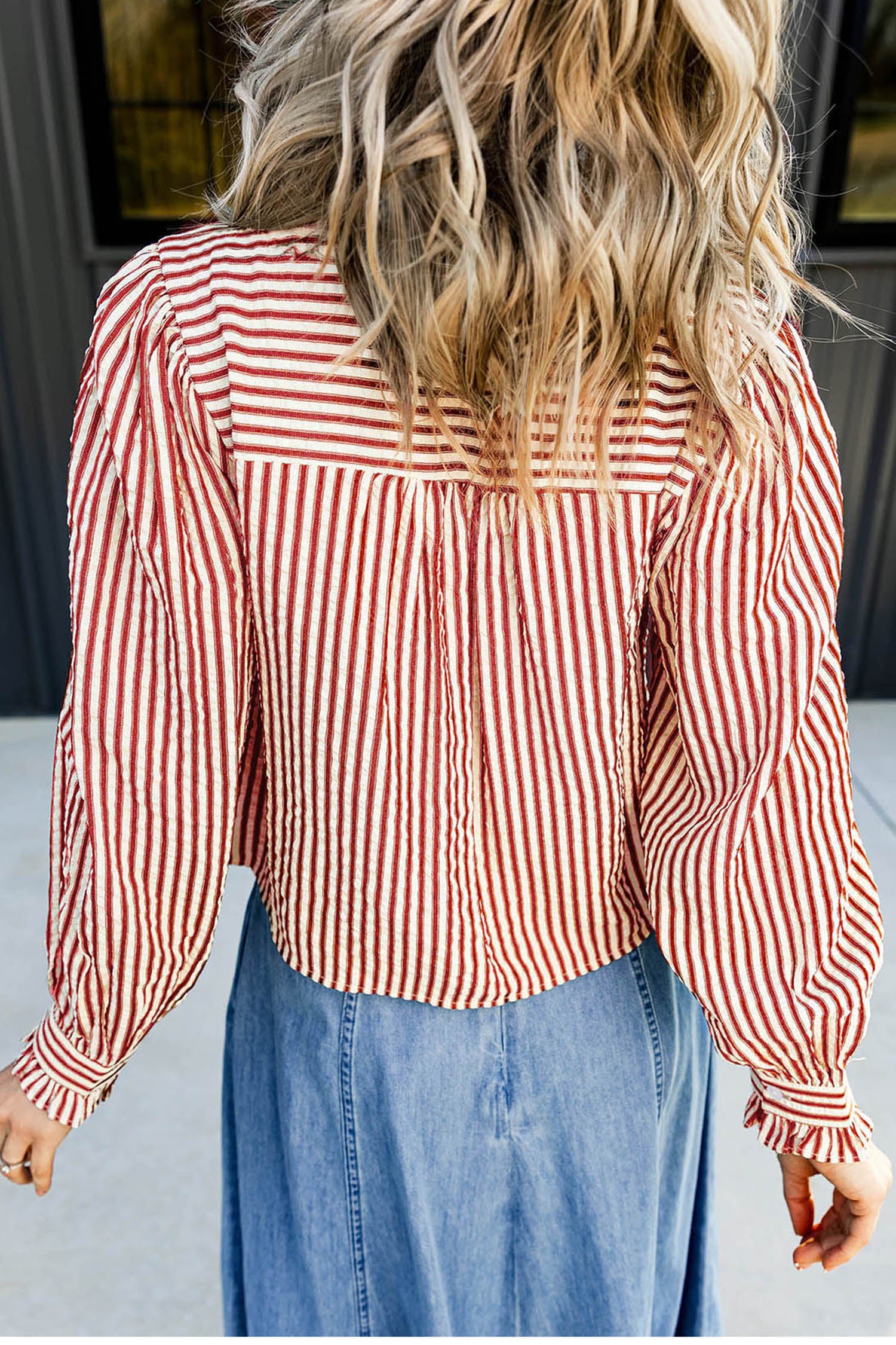 Red Stripe Textured Ruffle Trim Button-Up Long Sleeve Shirt