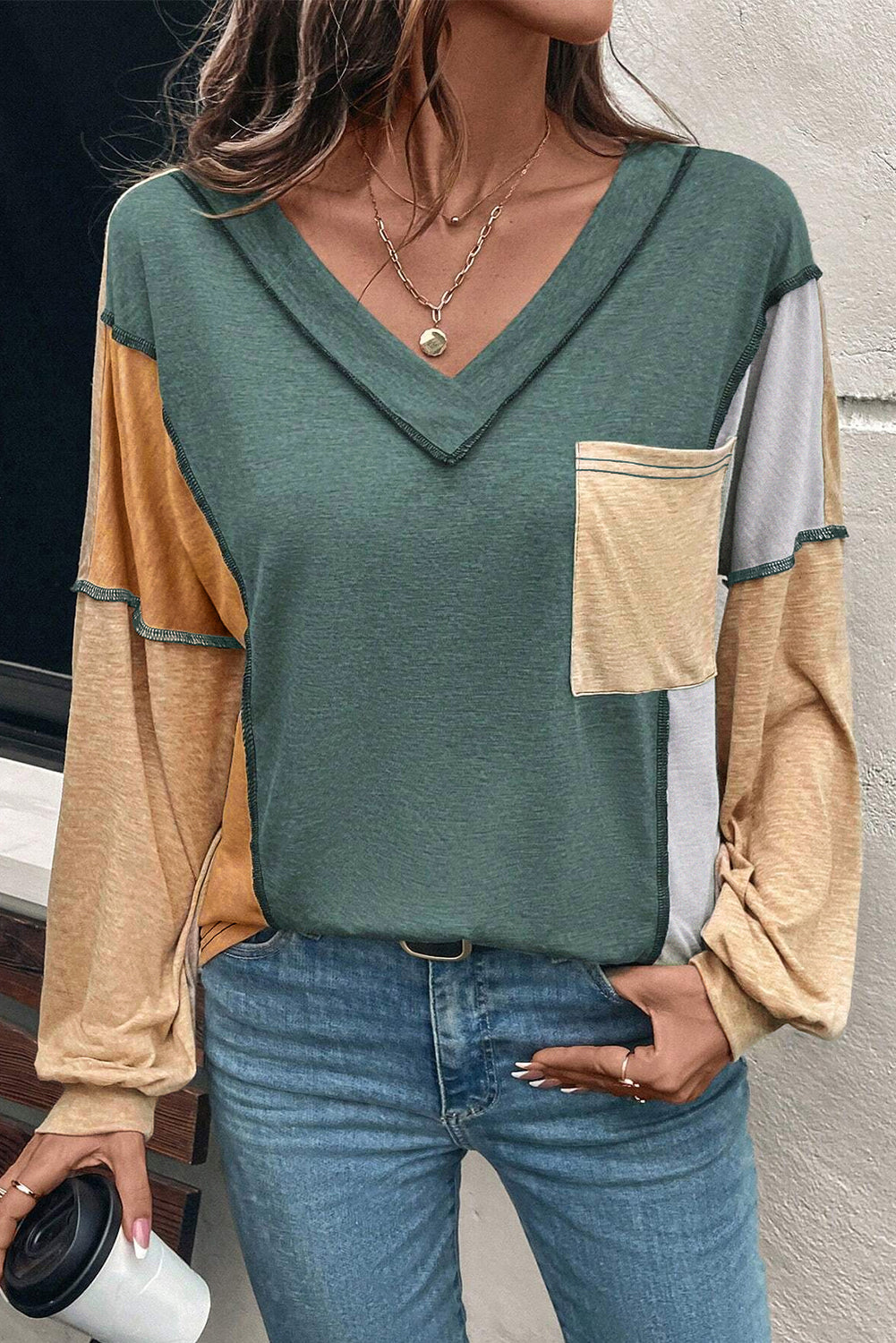 Sail Blue Exposed Stitching Colorblock V Neck Long Sleeve Top