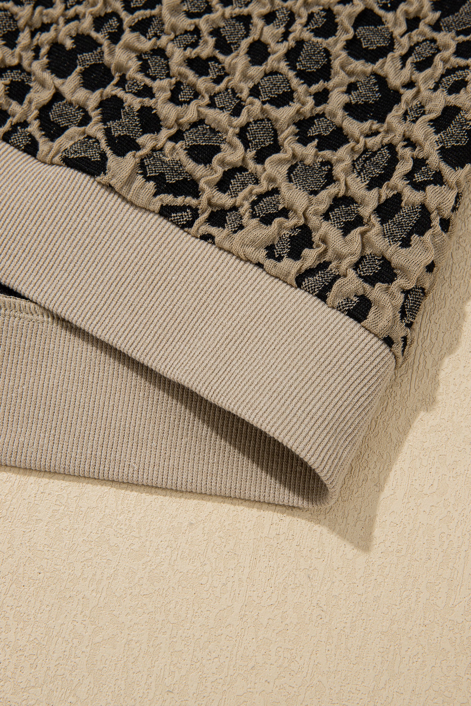 Beige Ribbed Patchwork Collar Cuffed Sleeve Leopard Plus Top