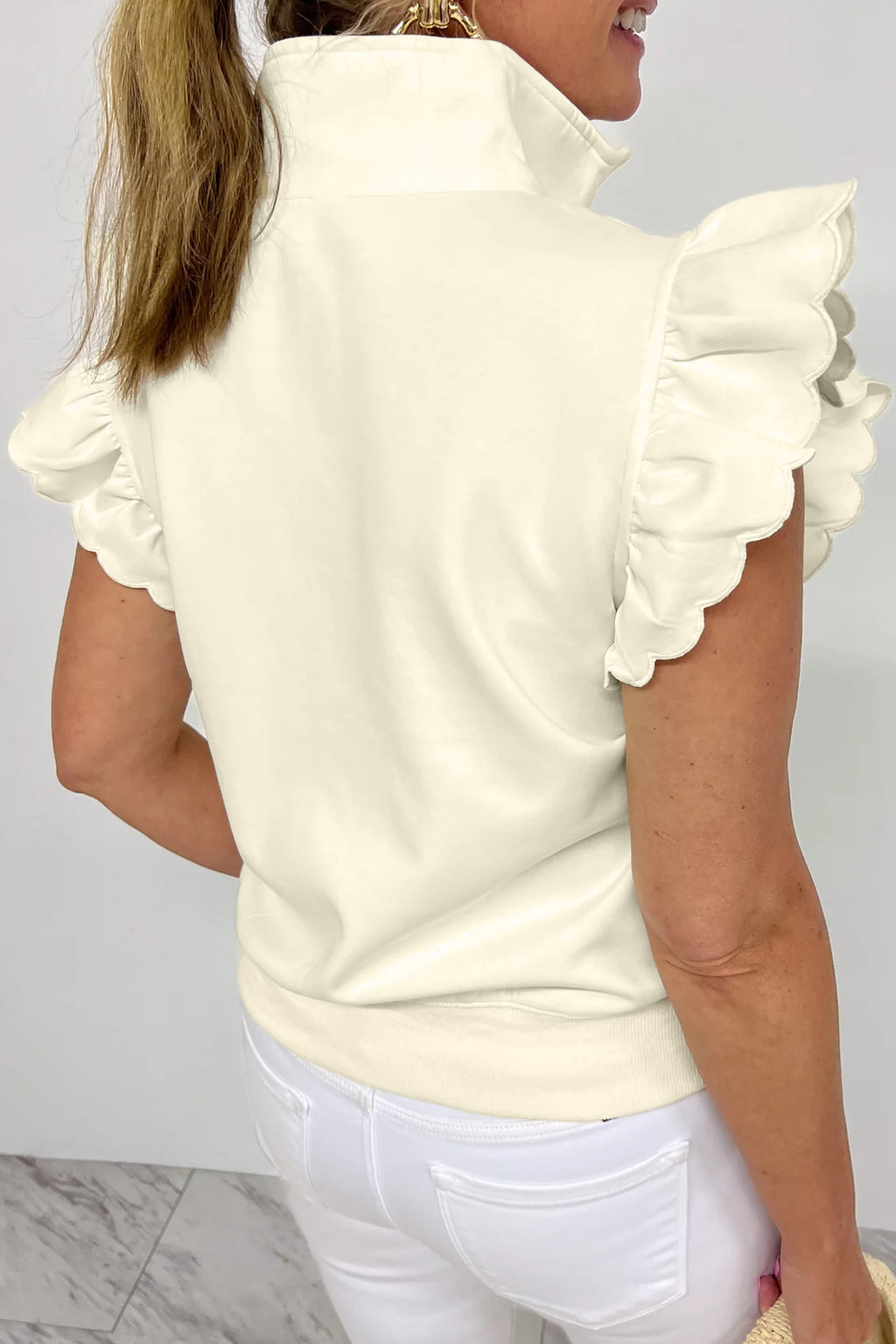 Beige Collared Ruffled Short Sleeve Blouse