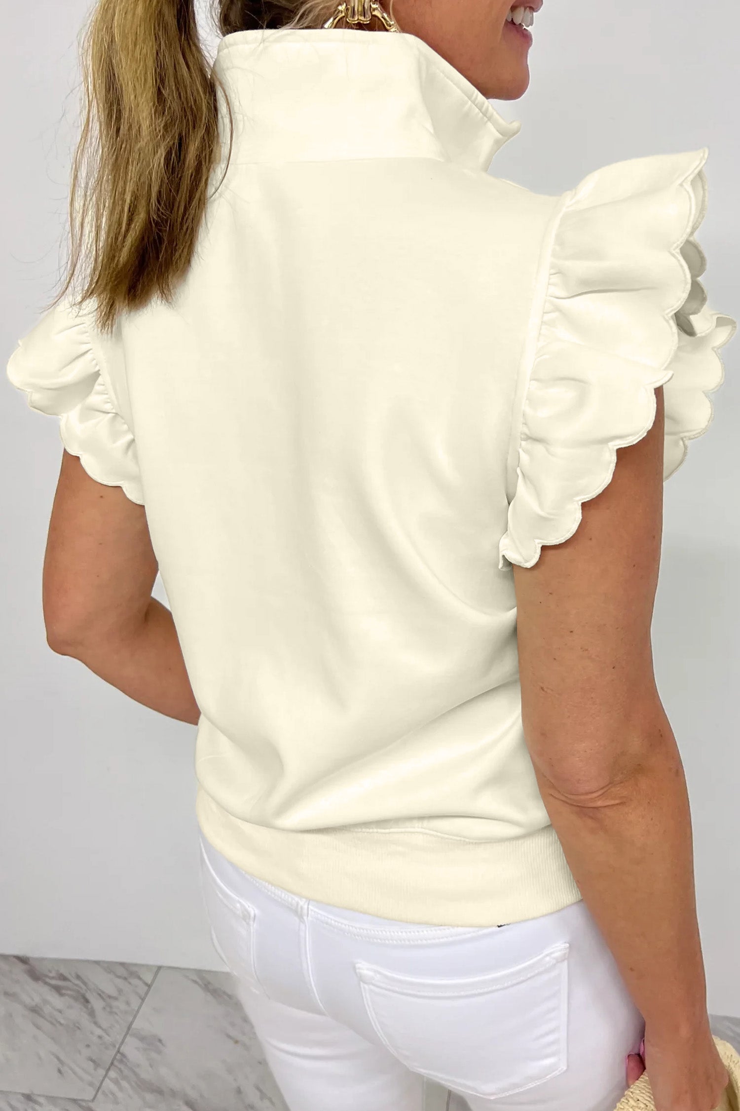 Beige Collared Ruffled Short Sleeve Blouse
