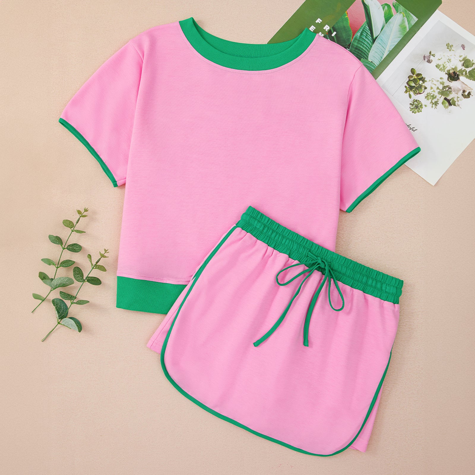 Moonlight Jade Colorblock Edge Drop Shoulder T Shirt and Skort 2Pcs Set