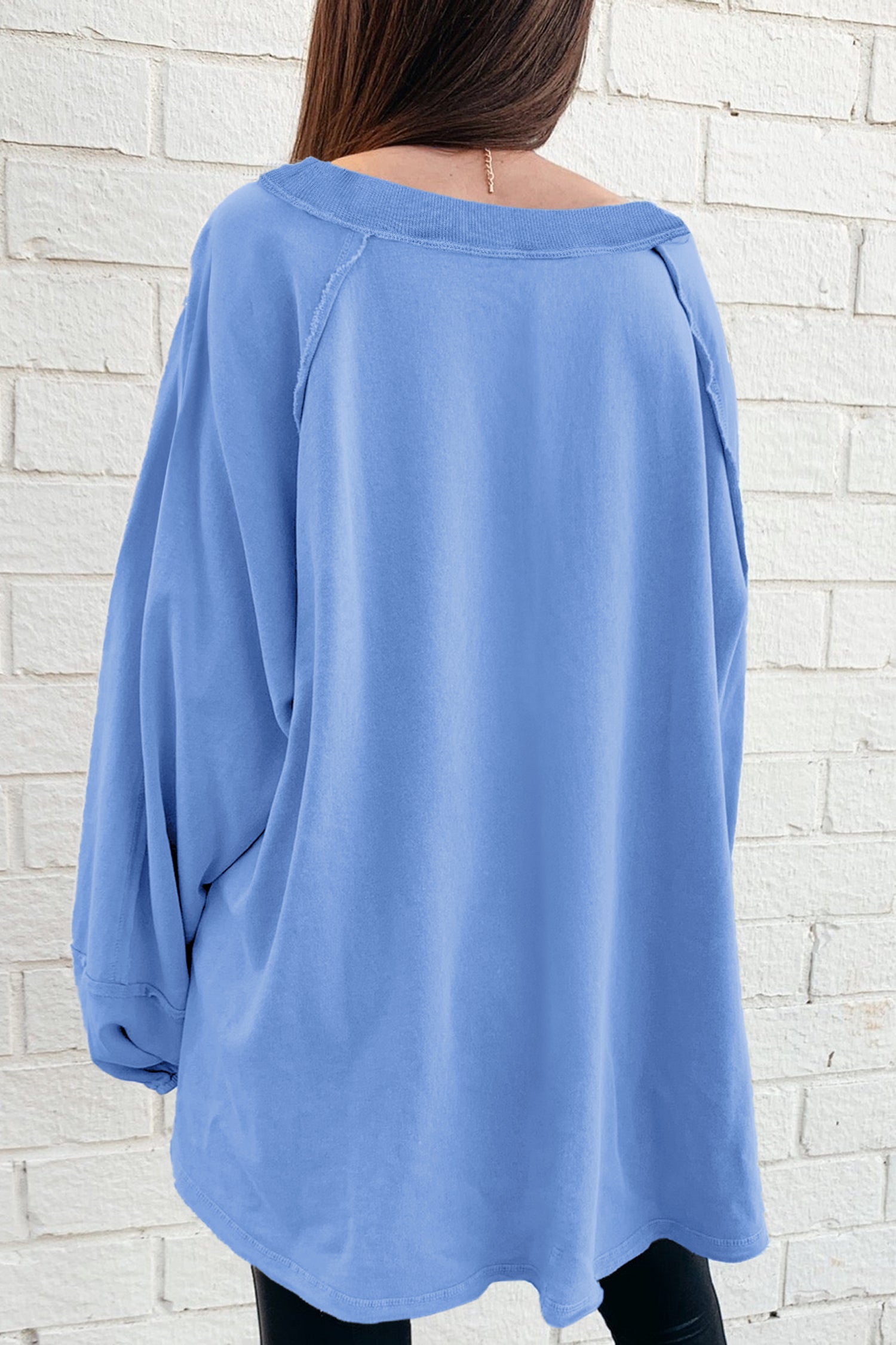 Beige Solid Color Raw Seam Patchwork Baggy Sweatshirt