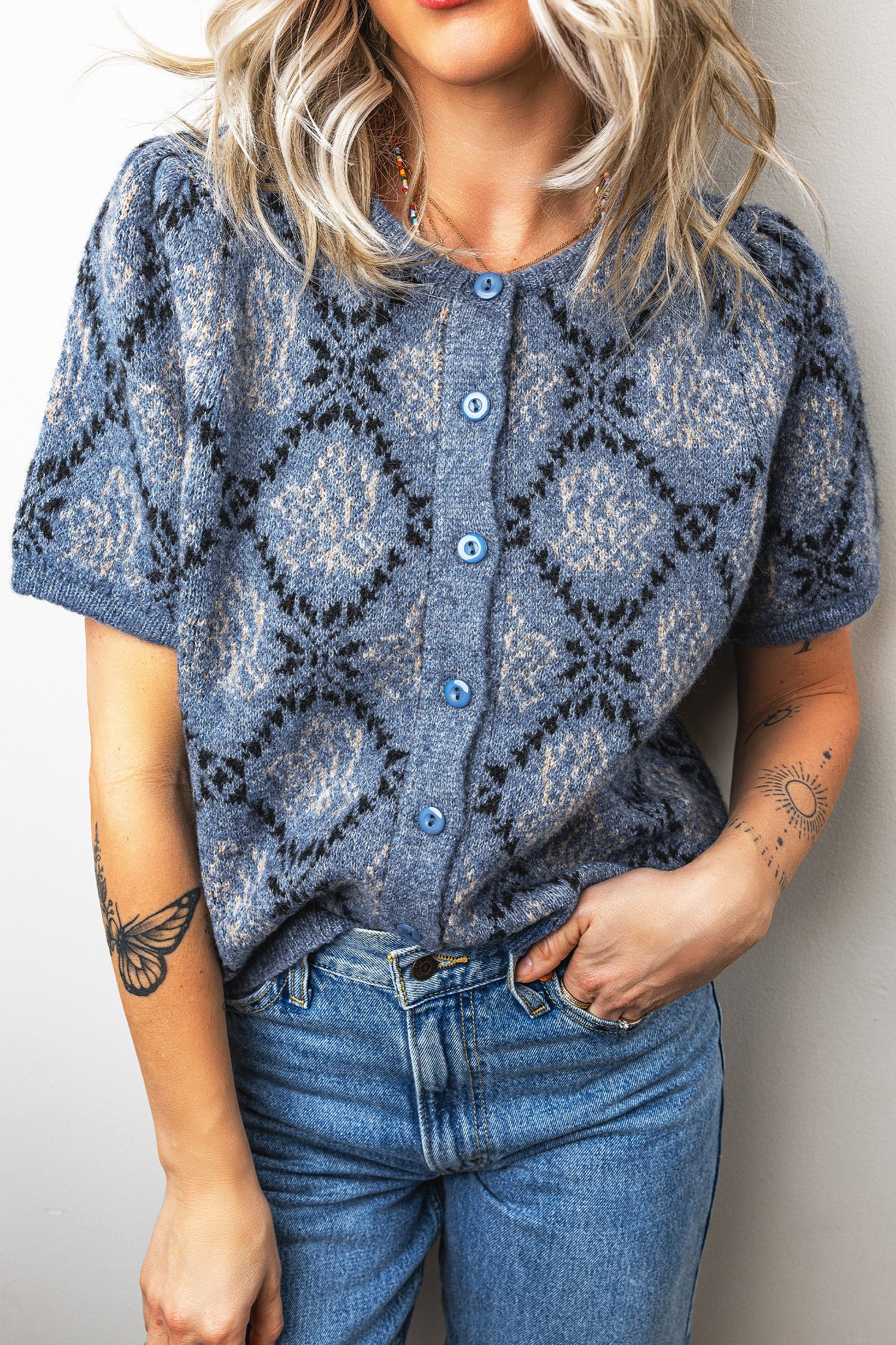 Dark Blue Short Sleeve Button Front Boho Knit Top Cardigan