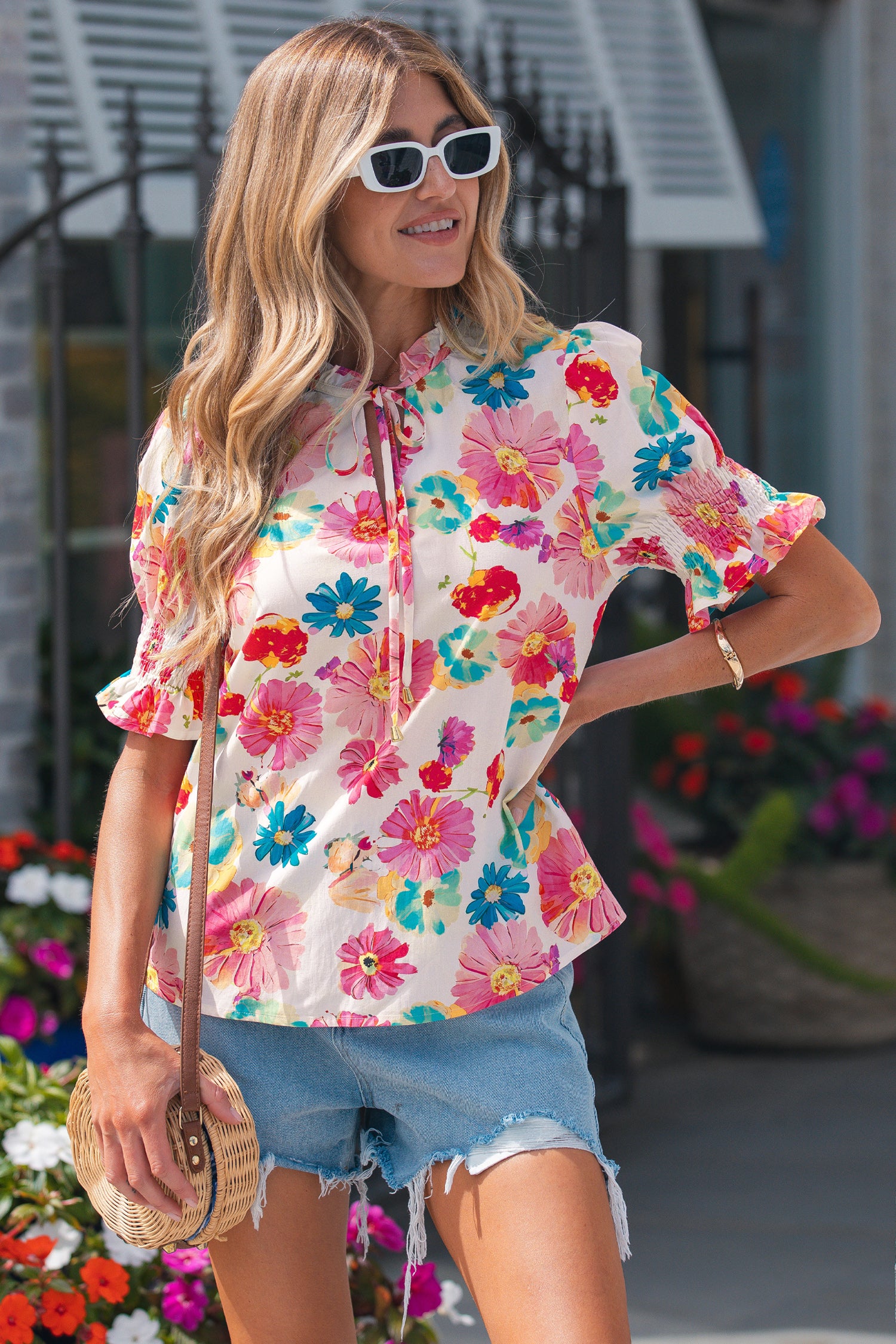 Beige Vibrant Summer Floral Blouse