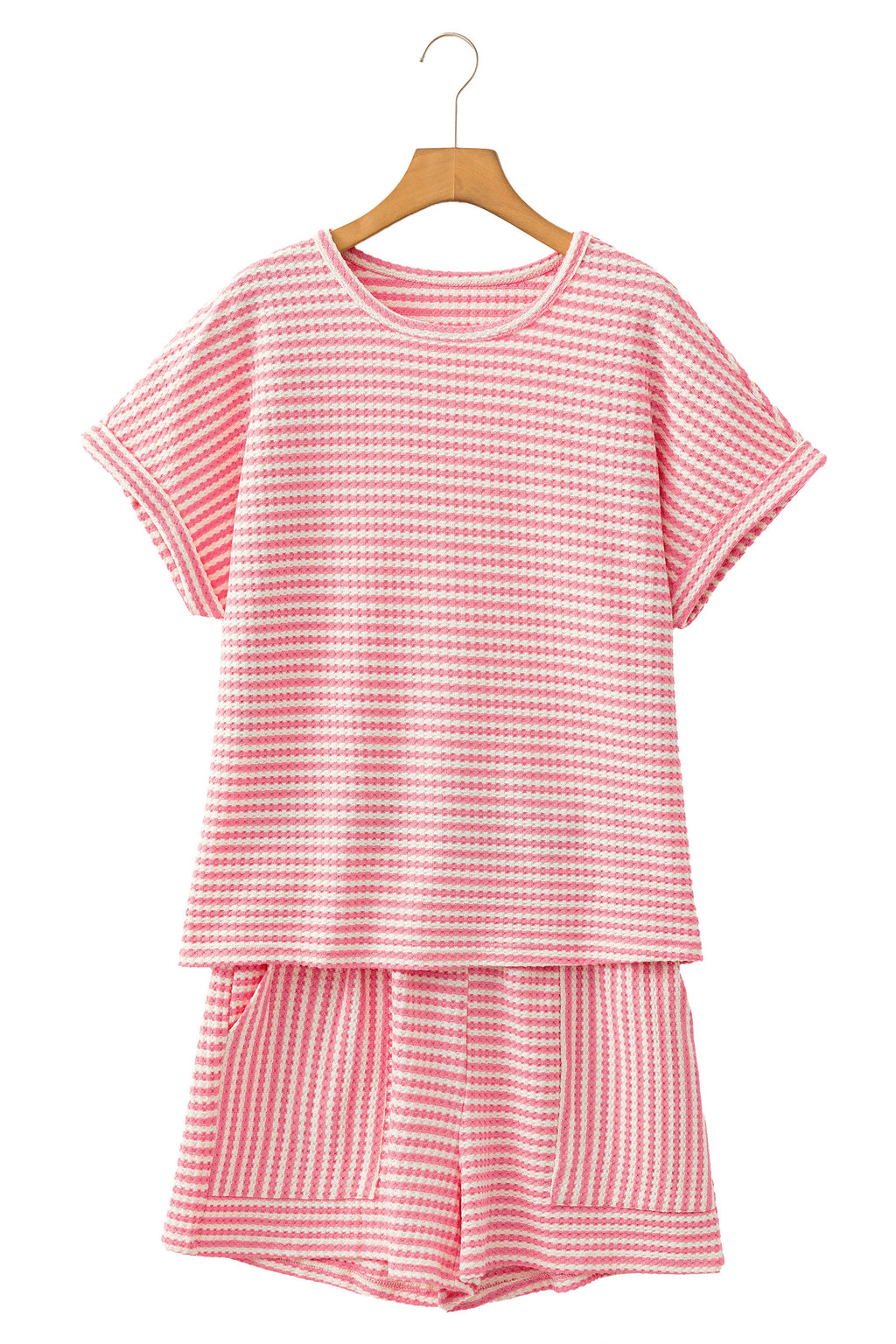 Purple Stripe Breathable Textured Knit Short 2pcs Set