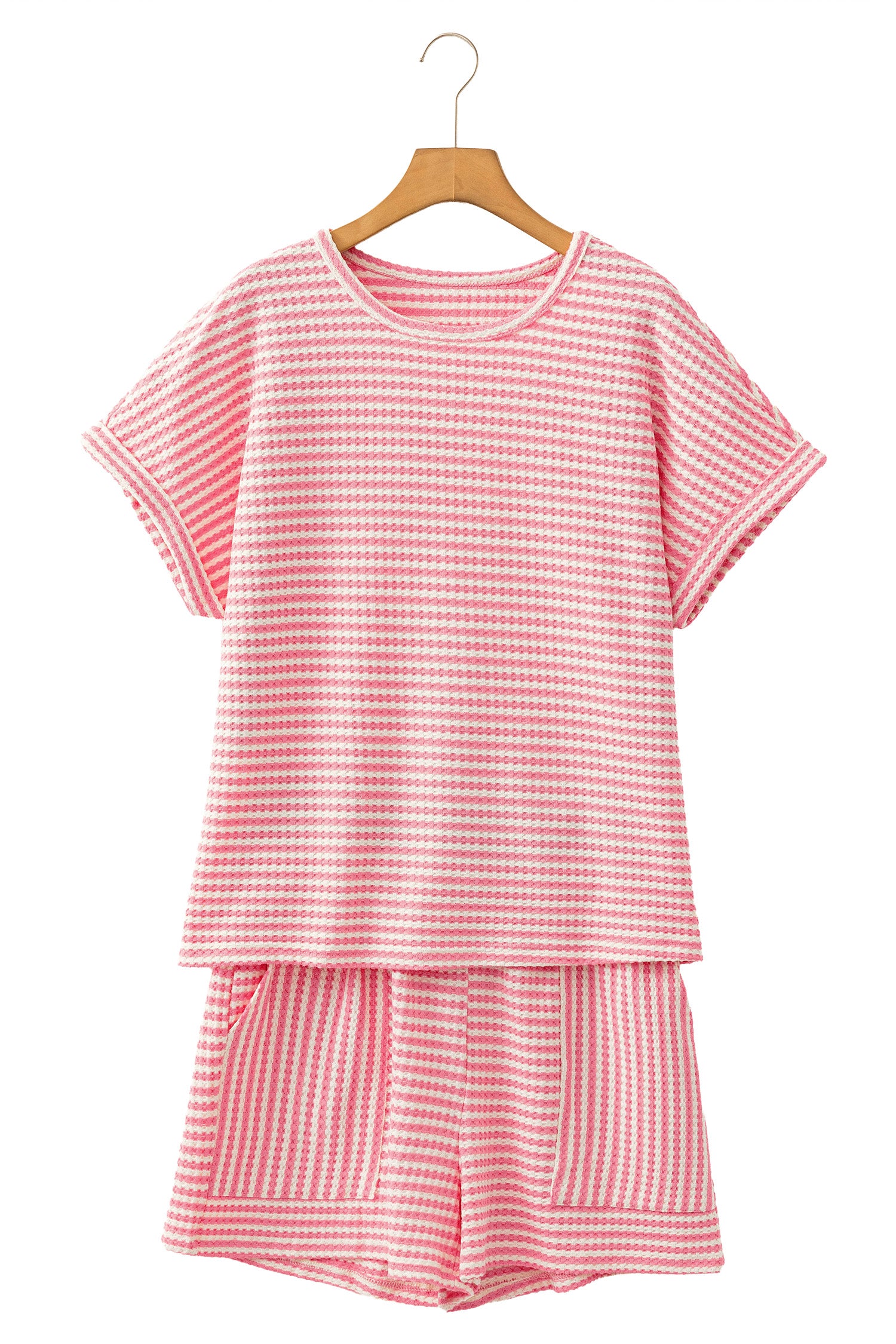 Purple Stripe Breathable Textured Knit Short 2pcs Set