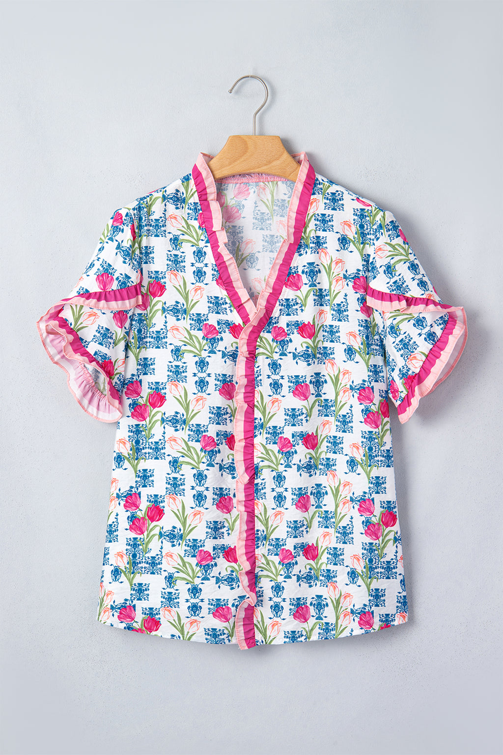 Rose Floral Print Ruffle V-Neck Short Sleeve Loose Tunic Shirt