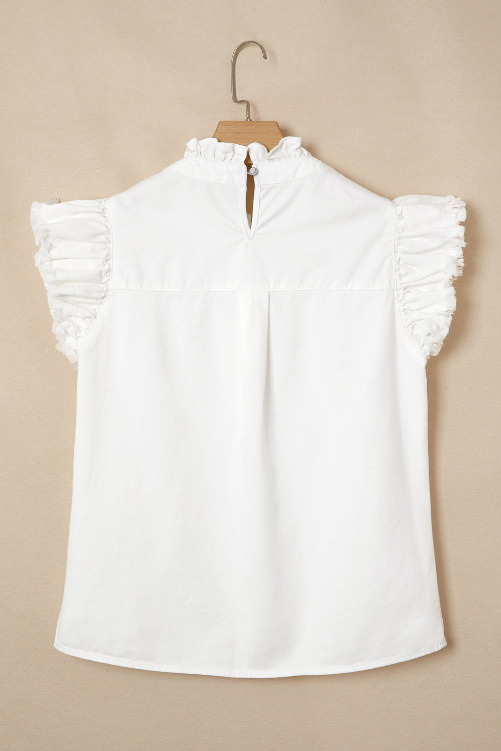 White Frilled Collar Flutter Sleeve Denim Top