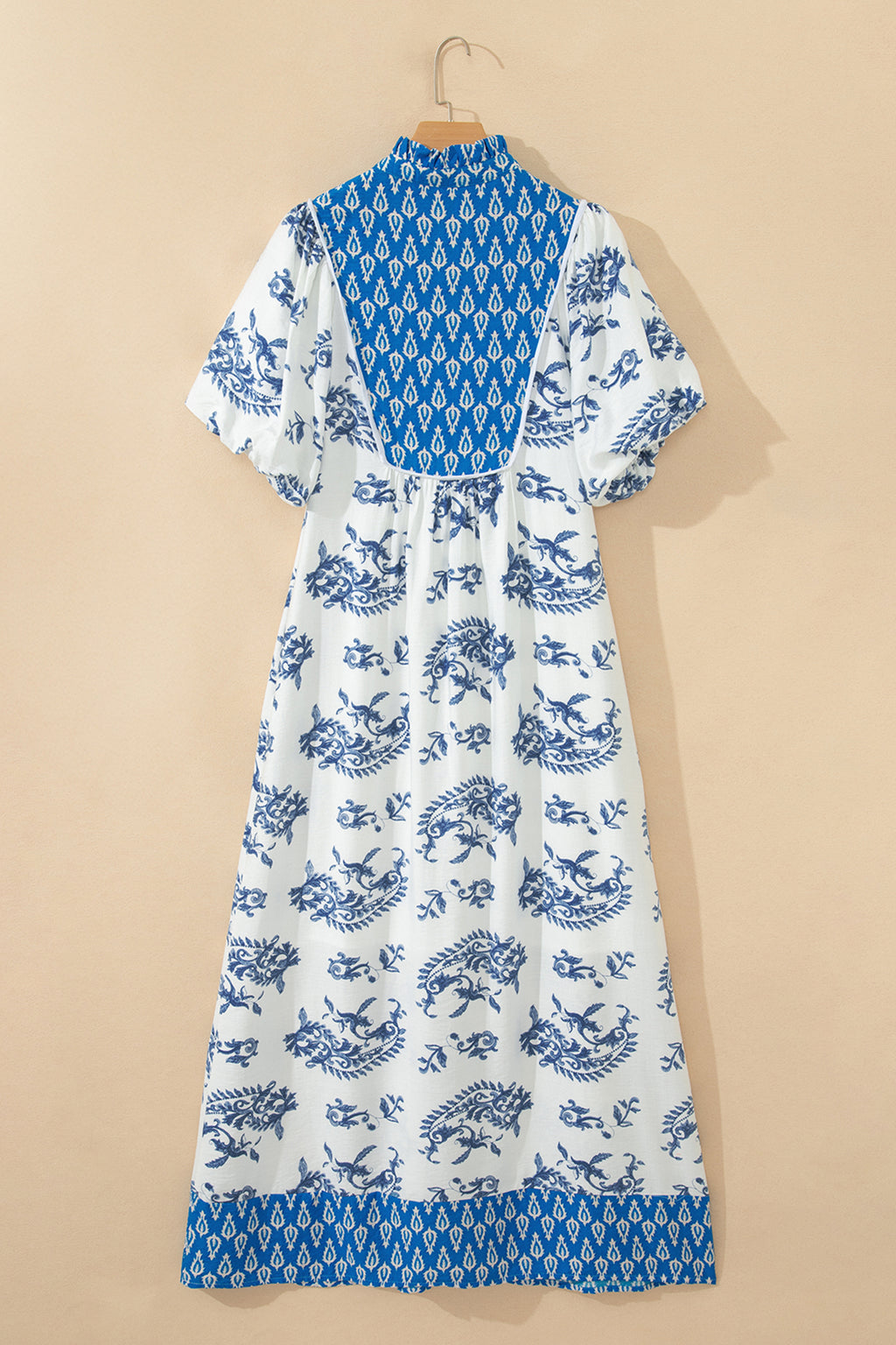 Sky Blue Boho Abstract Print Contrast Trim V Neck Tassel Tie Dress