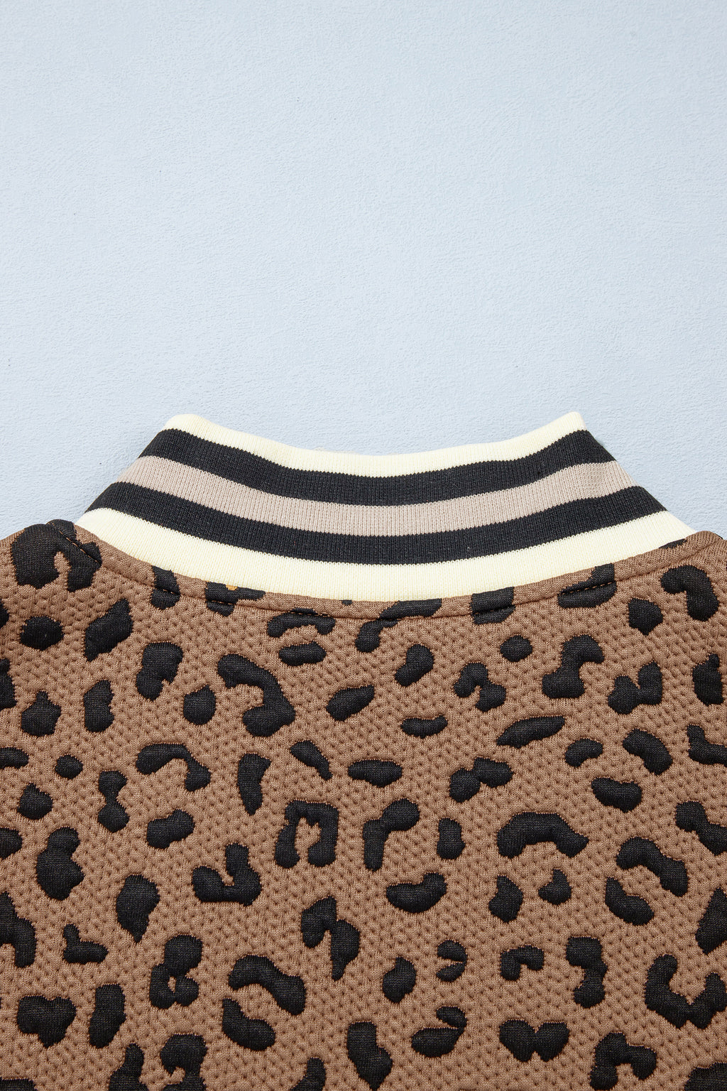 Brown Leopard Print Striped Trim Collar Long Sleeve Shift Pullover
