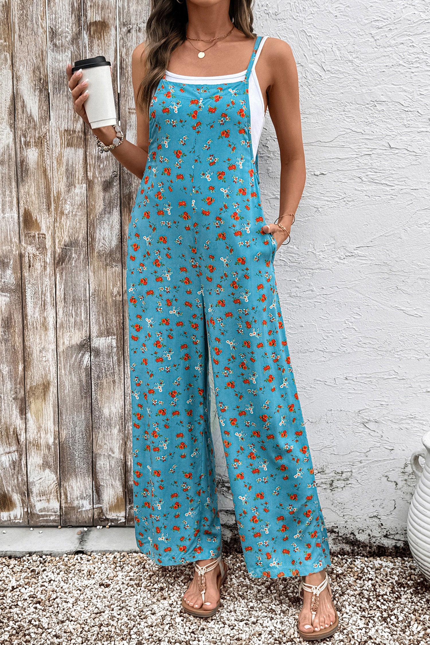 Multicolour Floral Print Spaghetti Straps Loose Pocketed Jumpsuit