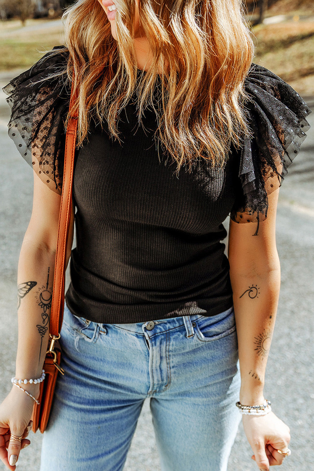 Black Dotty Mesh Knit Top