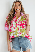 Pink Flower Print Striped Trim Frilled Collar Short Sleeve Shirt