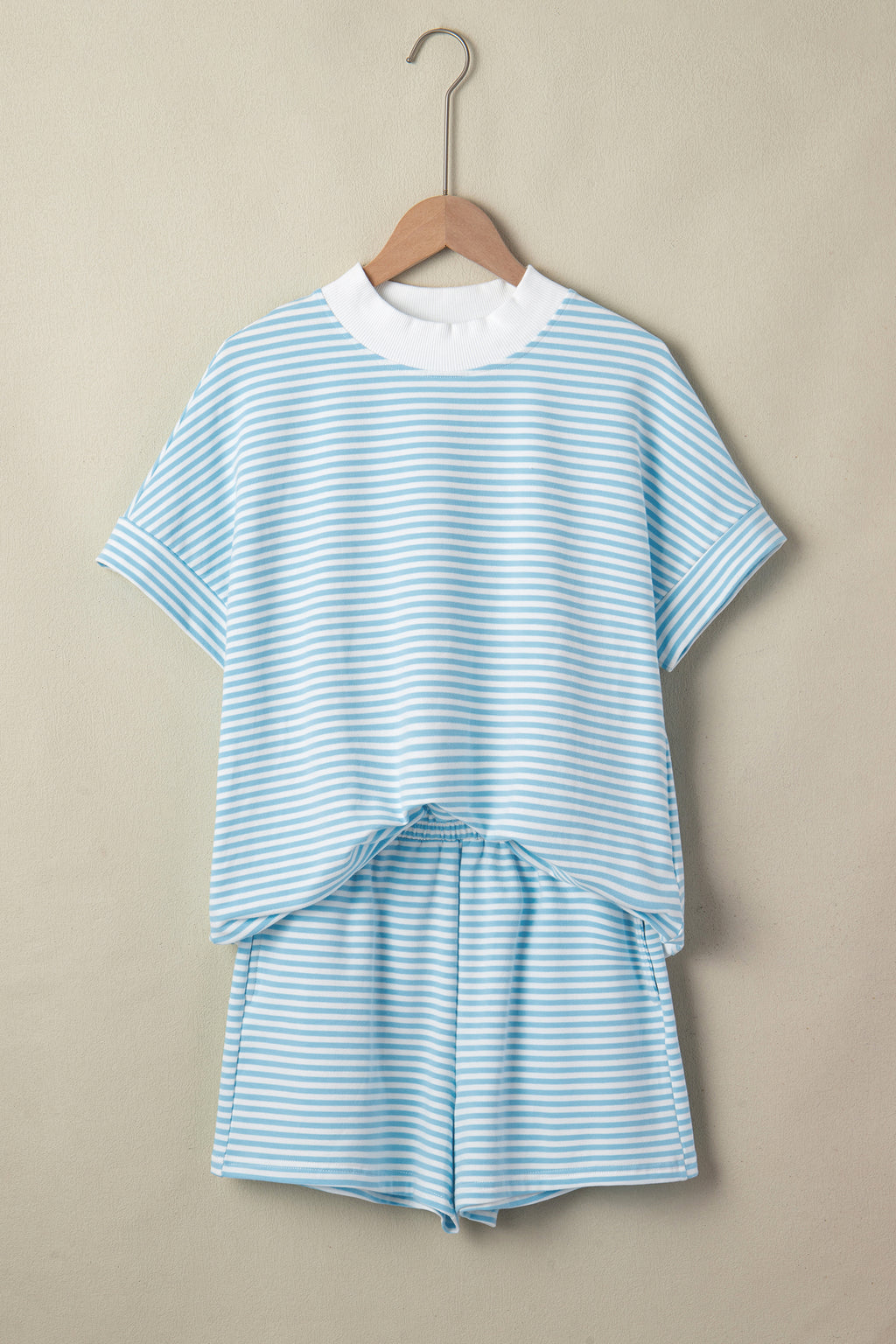 Sky Blue Stripe Casual 2pcs Short Set