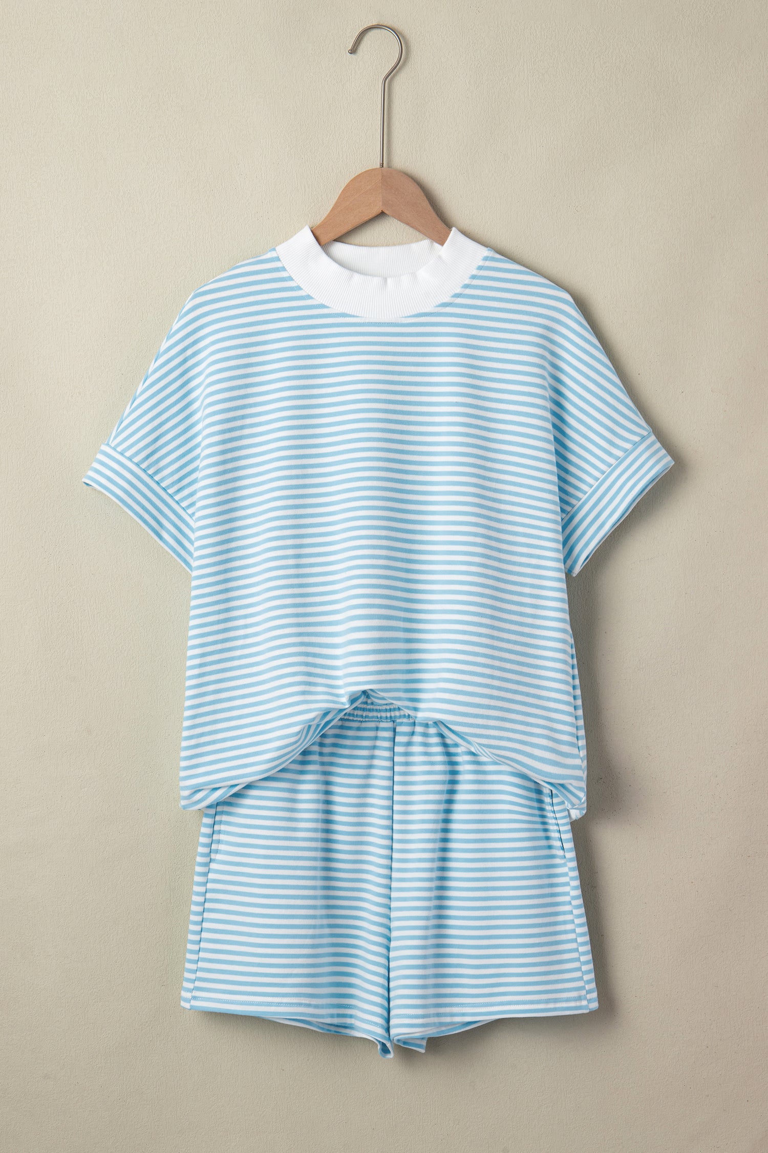 Sky Blue Stripe Casual 2pcs Short Set