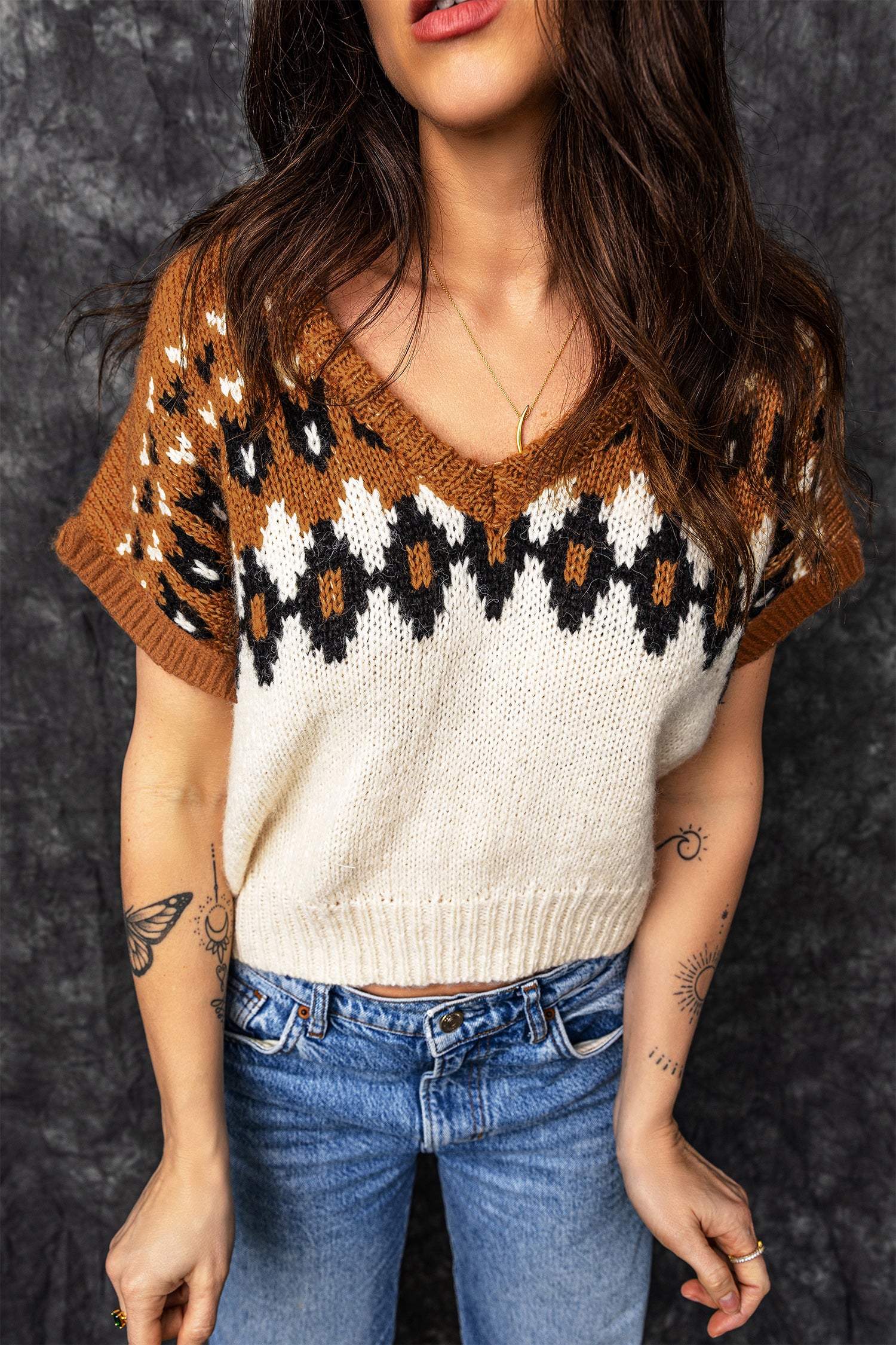Brown V Neck Short Sleeve Geometric Print Western Style Knit Tee