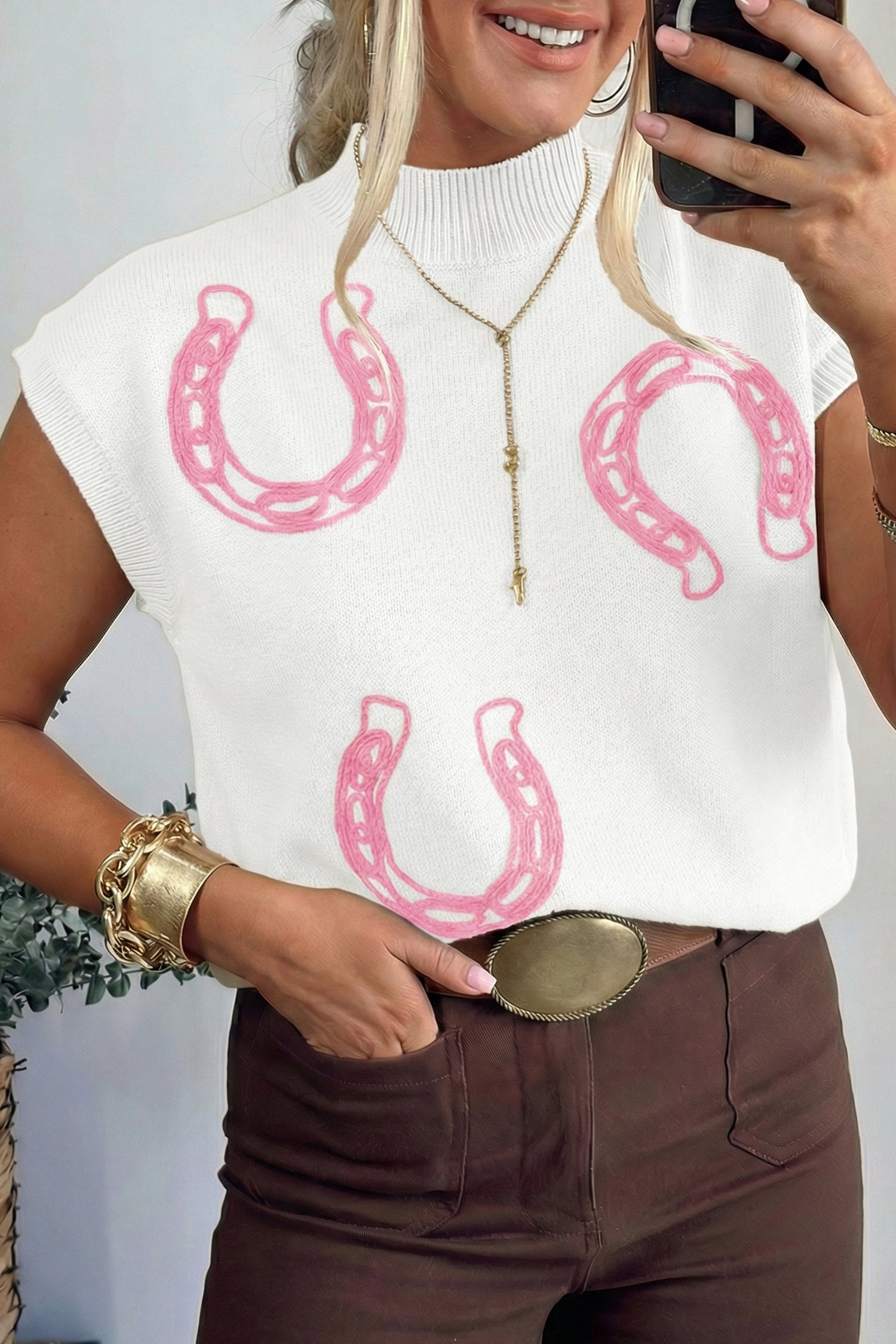 White Corded Horseshoes Sweater