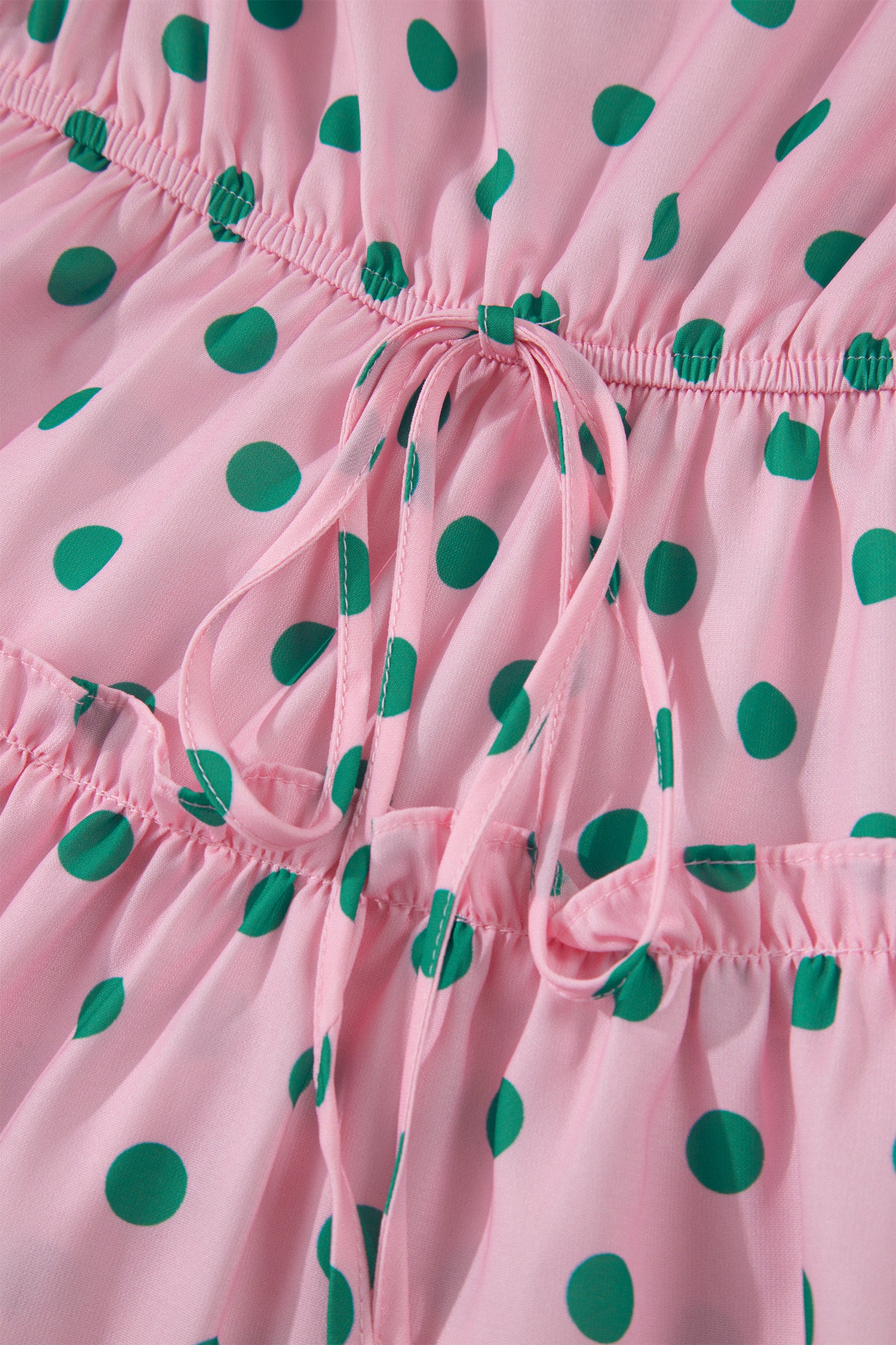 Pink V Neck Polka Dot Print Drawstring Tiered Babydoll Blouse