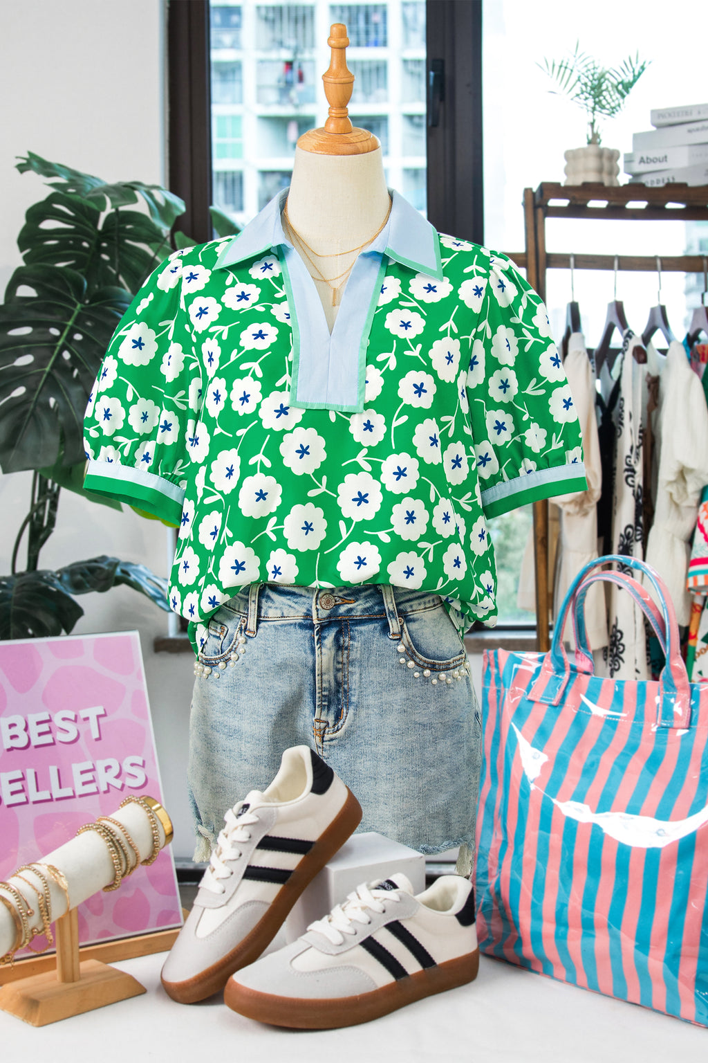 Green Flower Printed Contrast Patchwork Collar Short Sleeve Blouse