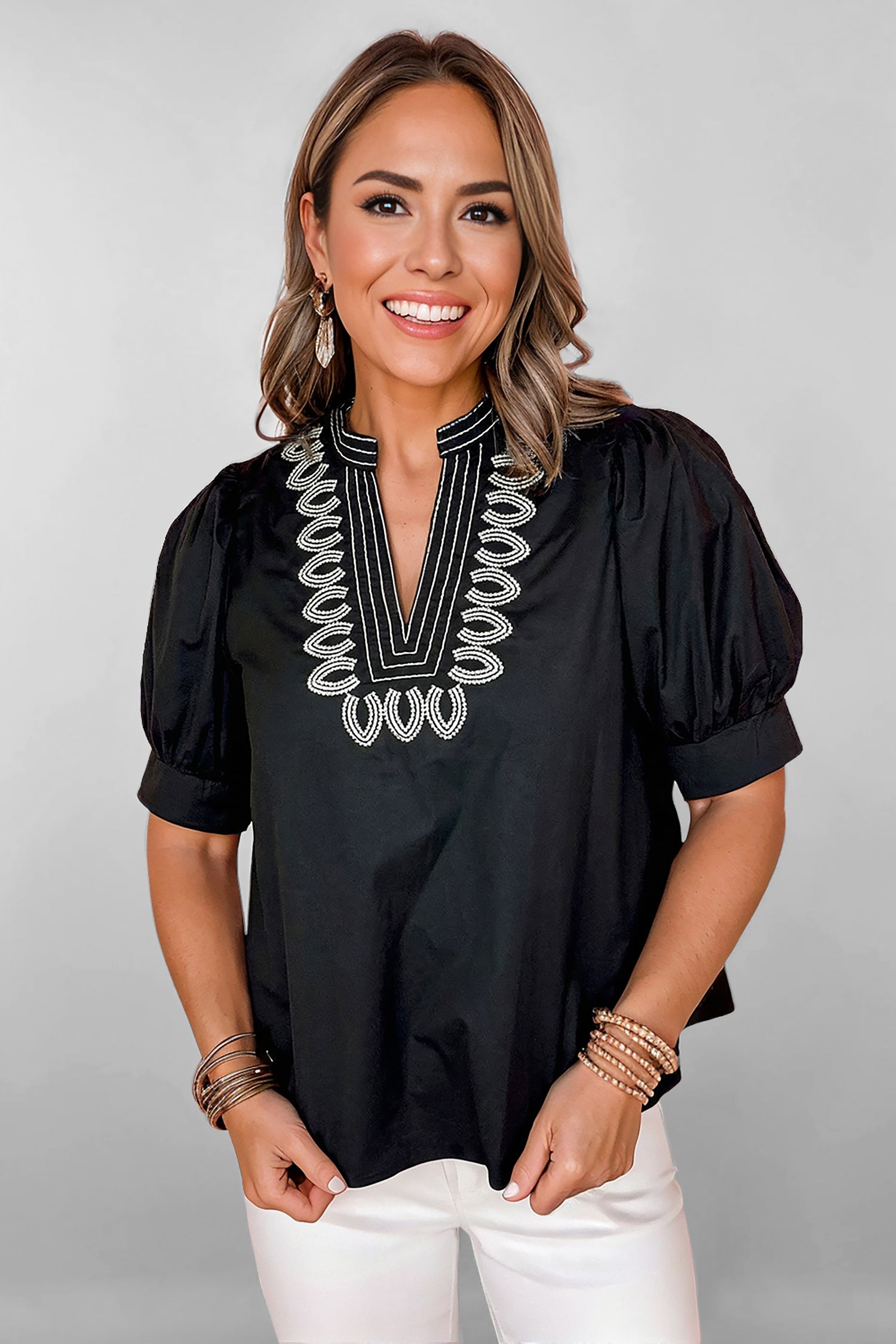 Black Short Puff Sleeve Blouse