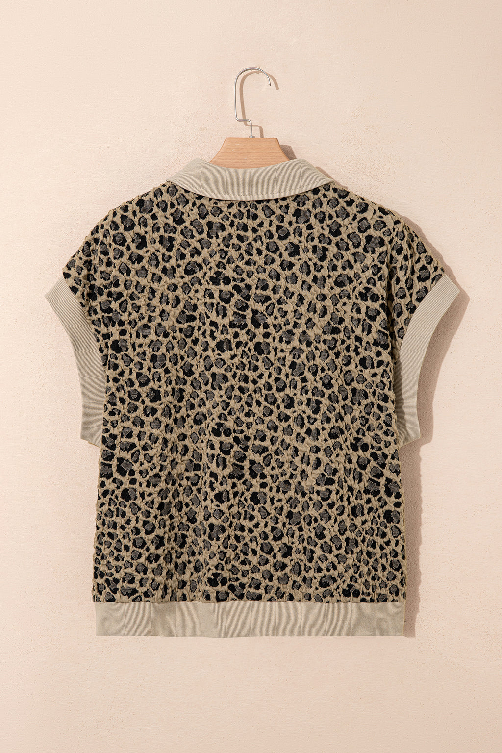 Beige Ribbed Patchwork Collar Cuffed Sleeve Leopard Plus Top