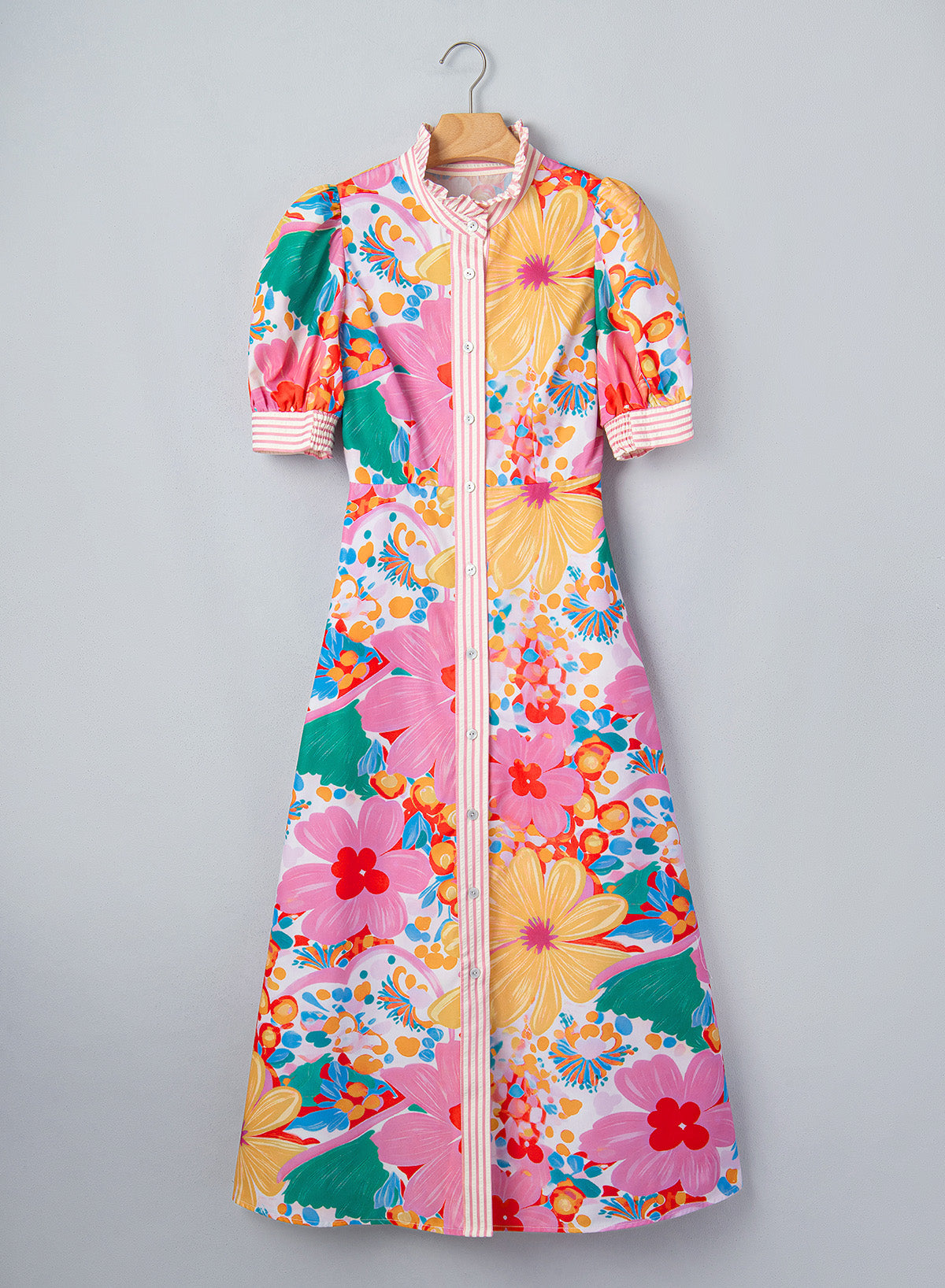 Pink Floral Print Striped Trim Button Down Short Sleeve Vacation Dress