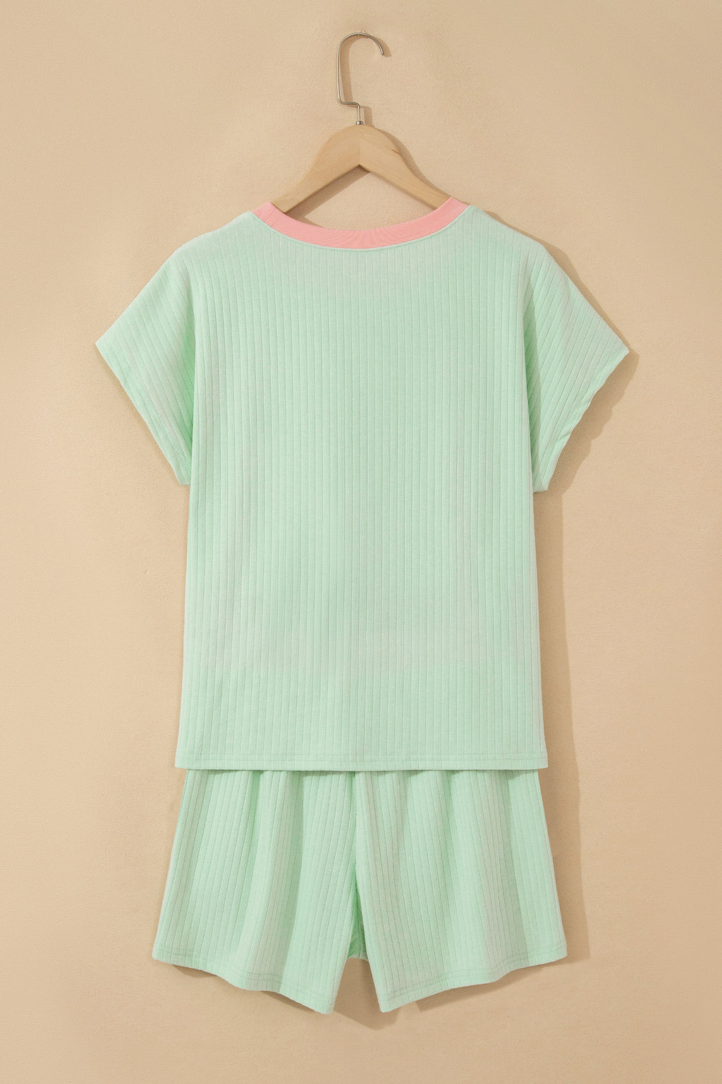 Clearly Aqua Soft Ribbed Color Block Trim Casual Short Set