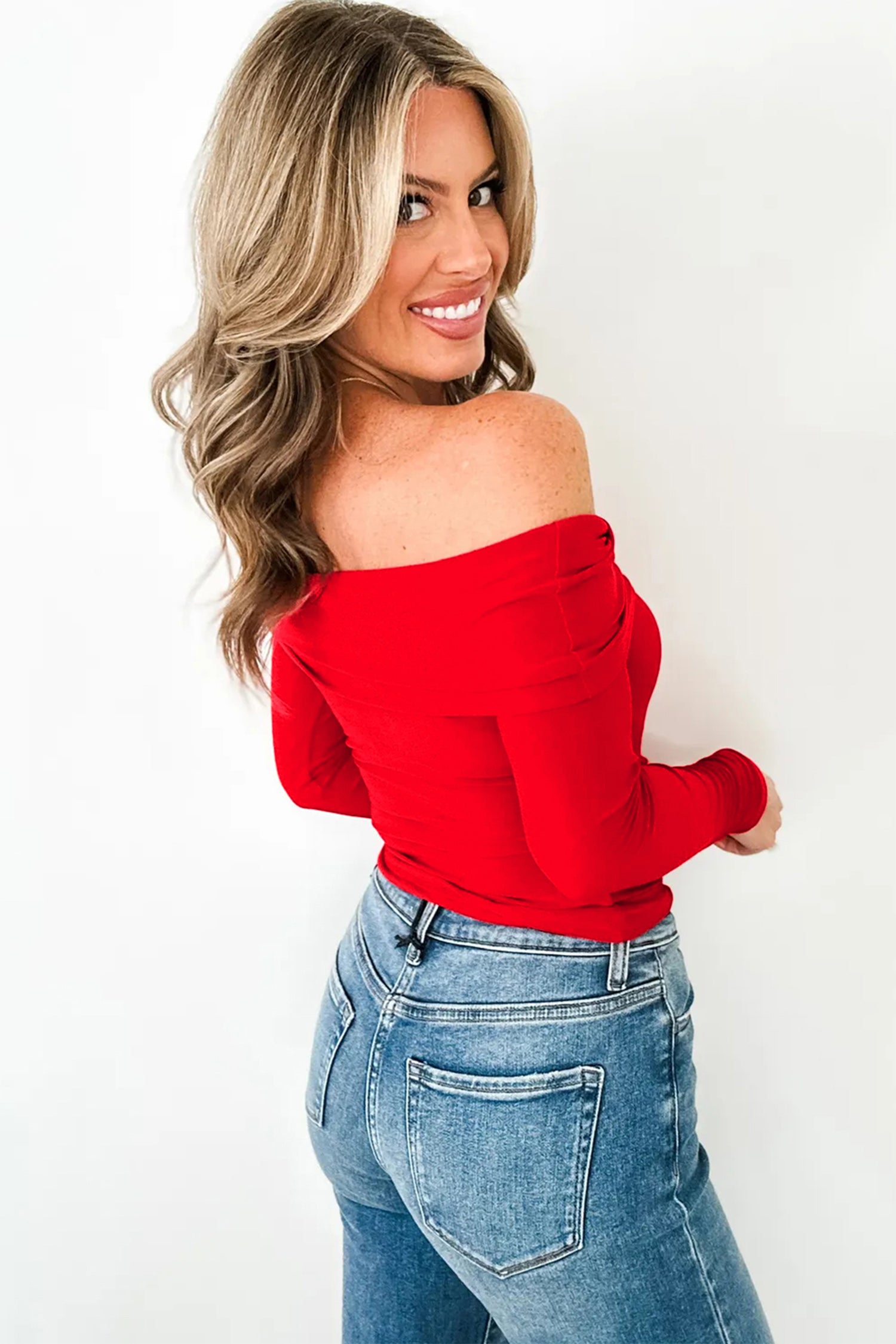 Smoke Gray Foldover Off Shoulder Long Sleeve Slim Top