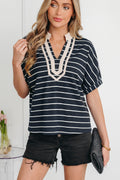 Black Stripe Stand Collar V Neck Elastic Cuffs Half Sleeve Dolman Top