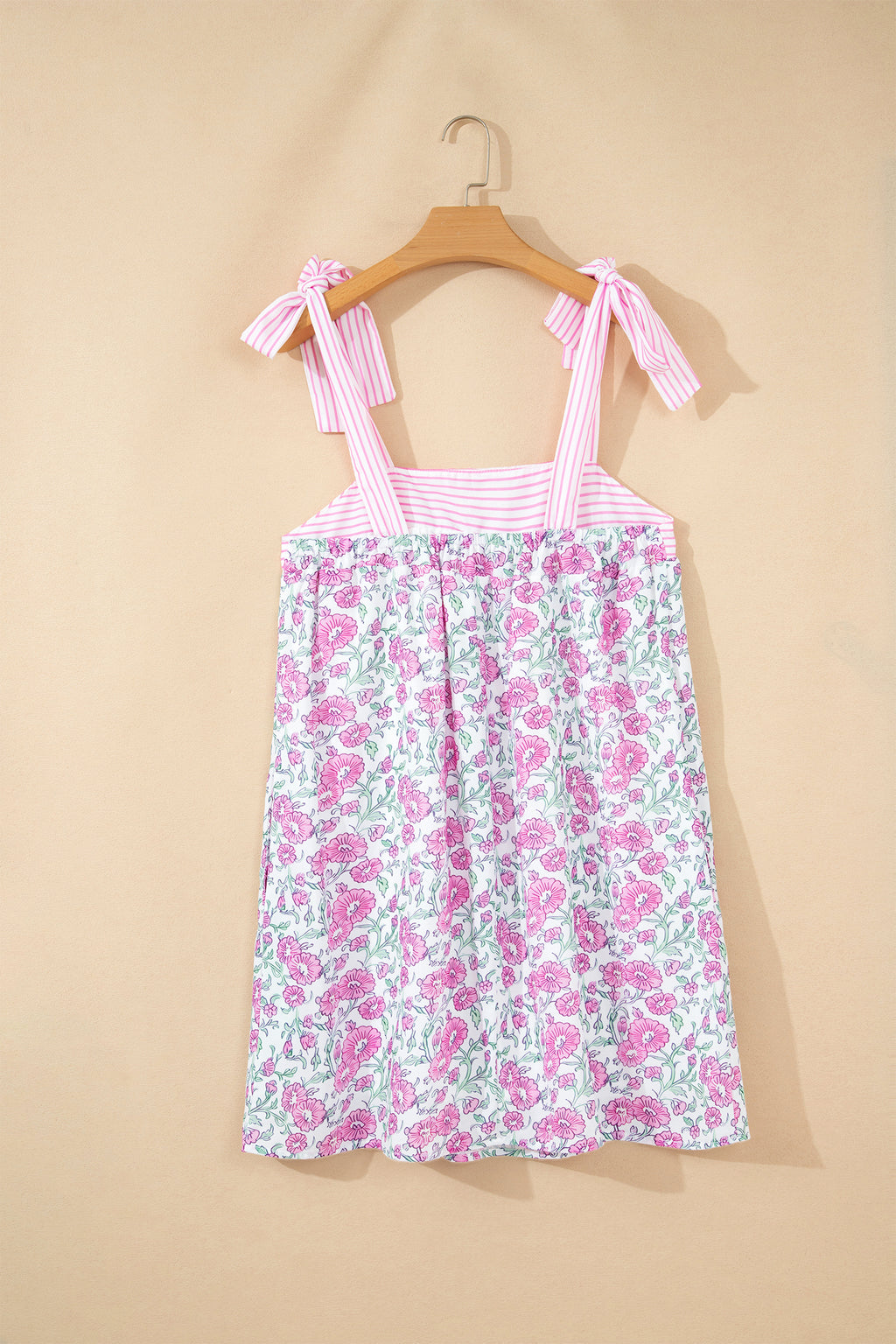 Pink Floral Print Striped Patchwork Bow Knot Straps Mini Dress