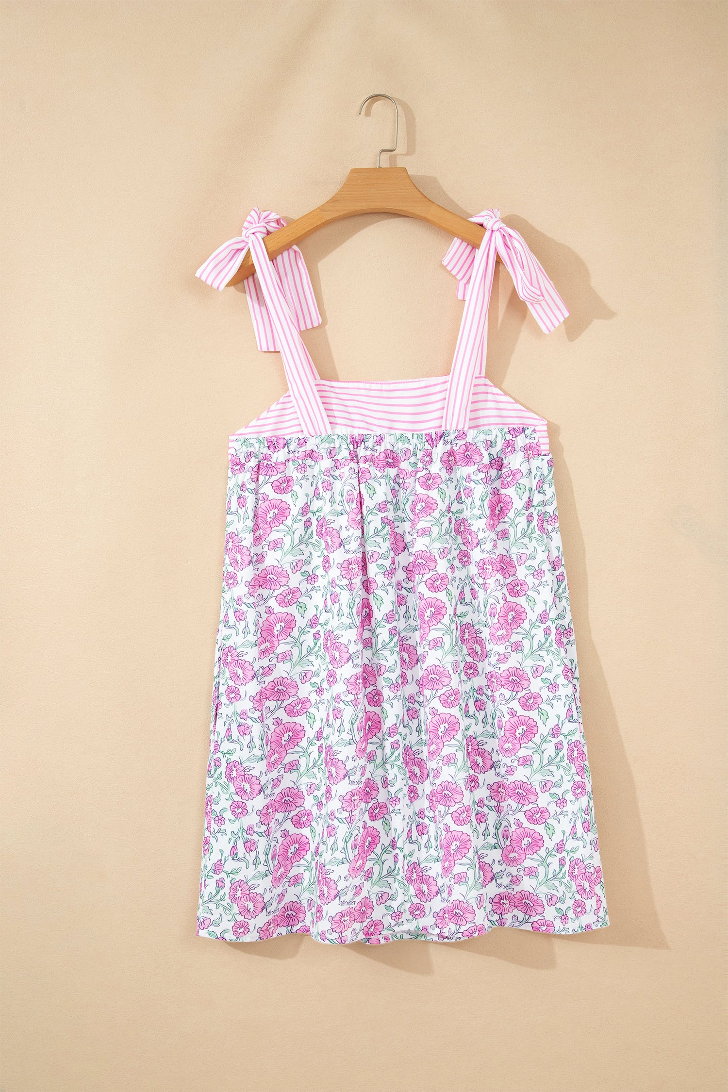 Pink Floral Print Striped Patchwork Bow Knot Straps Mini Dress